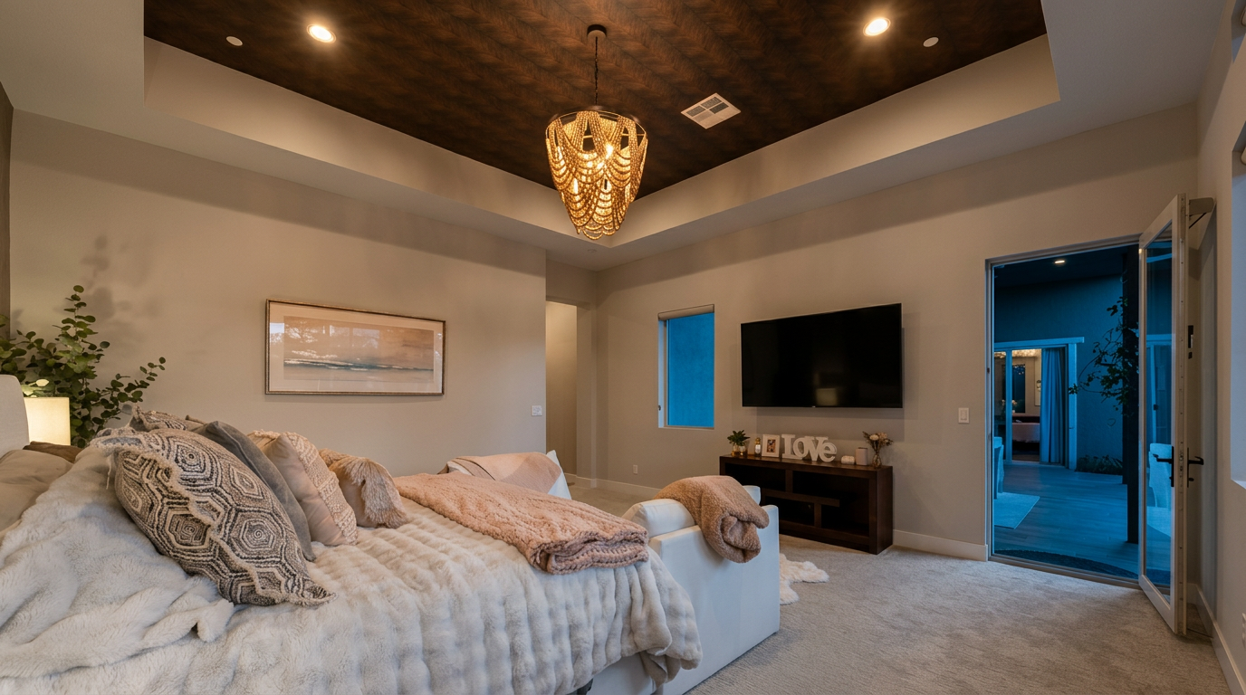 This spacious primary bedroom features a tray ceiling with a dark wood-toned finish and a decorative beaded chandelier. The room is furnished with a large bed dressed in plush, light-colored bedding and includes a media console beneath a wall-mounted television. A glass door provides a view into an adjacent outdoor space, enhancing the airy and bright atmosphere of the room.