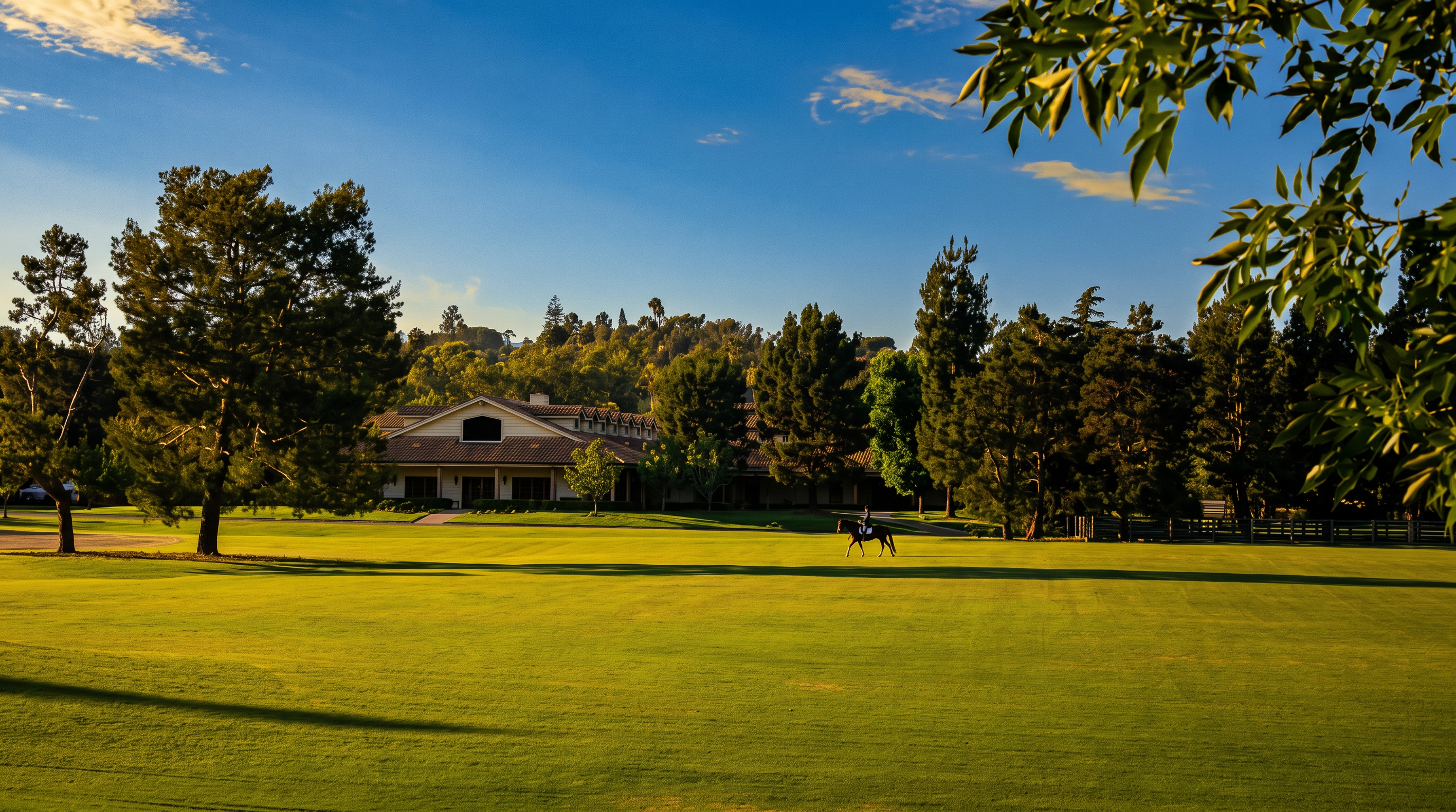 This expansive, manicured lawn serves as a picturesque foreground to a sprawling, single-story estate nestled among mature trees. A person is seen riding a horse across the open green space, emphasizing the property's equestrian potential and serene, park-like setting. The perspective is a wide, eye-level shot that captures the scale of the grounds and the architectural presence of the home in the distance.