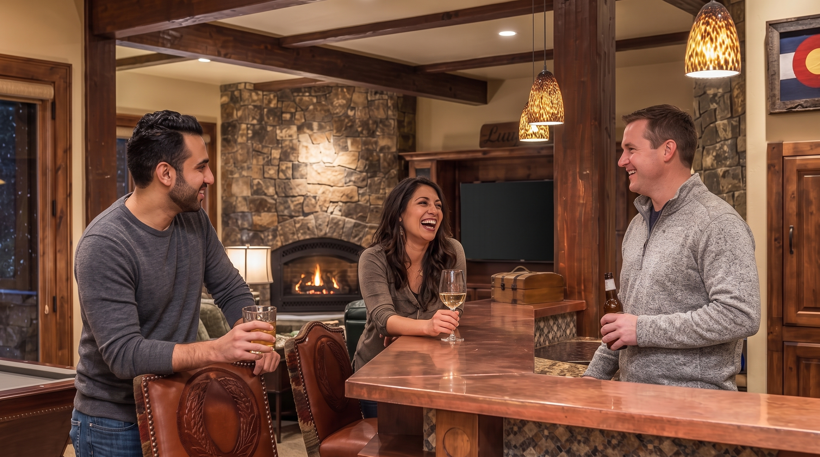 This cozy basement space features a custom built-in bar area with a striking copper countertop, perfect for entertaining. The rustic aesthetic is enhanced by stacked stone fireplace detailing, heavy timber accents, and warm ambient lighting. It provides an inviting and sophisticated lounge atmosphere ideal for social gatherings.