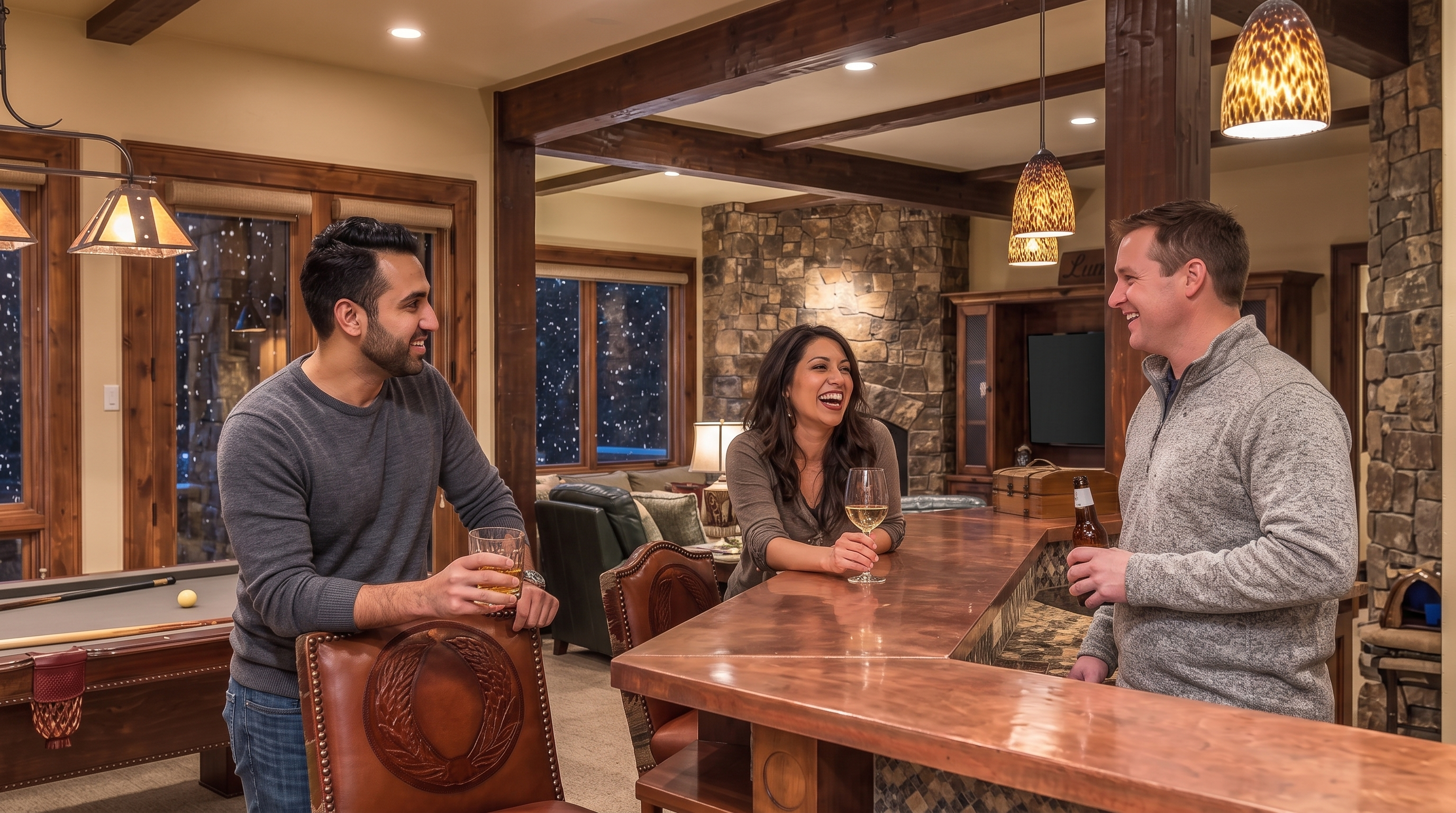 This inviting basement living space features a custom copper-topped bar area, a billiards table, and warm, rustic stone accents that create a cozy atmosphere. The open-concept design seamlessly incorporates wood-beamed ceilings and high-end finishes, making it an ideal setting for entertaining. Its sophisticated yet comfortable style is perfect for a home lounge or social area.