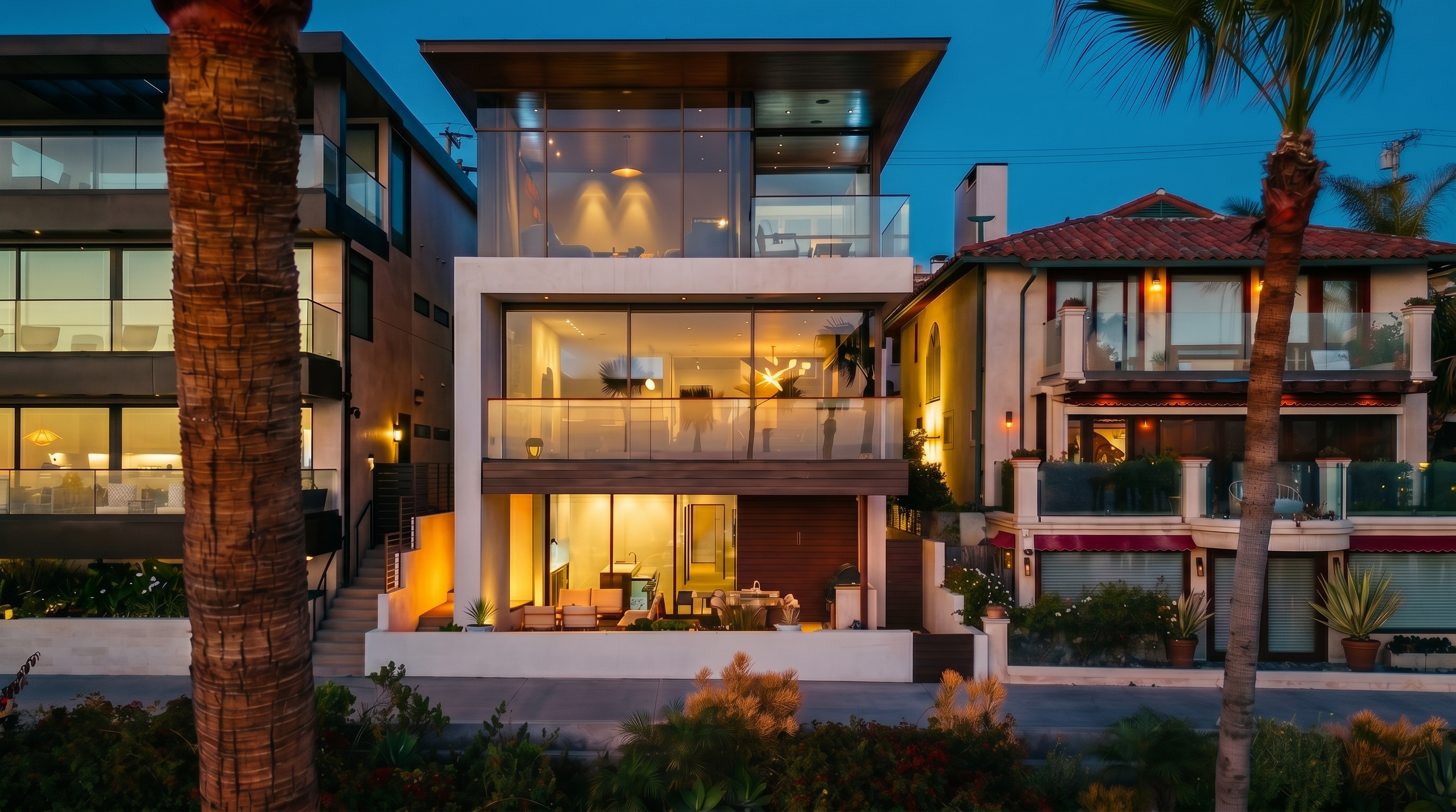 This contemporary three-story residence features a striking modern design with extensive glass walls and clean, geometric lines. The home is positioned between two other properties, showcasing a tiered layout with balconies on the upper levels and an open-concept ground floor patio area. The exterior is illuminated by warm interior lighting, creating a welcoming glow against the twilight sky, while palm trees and lush landscaping frame the foreground.