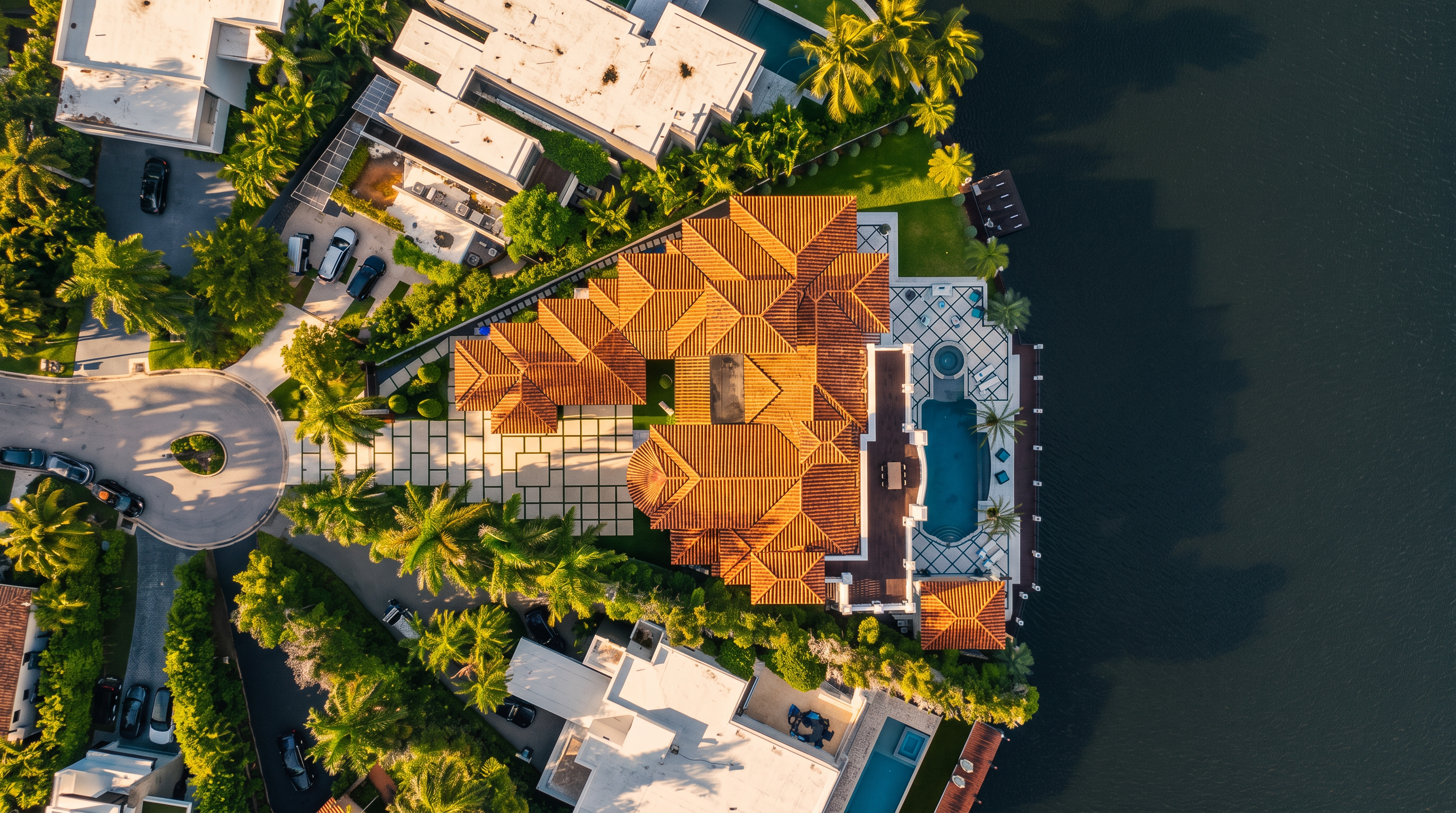 This high-angle aerial view captures a sprawling waterfront estate featuring a complex, multi-gabled roof with warm-toned tiles. The property includes a private swimming pool set within a paved patio area, lush landscaping, and direct access to the adjacent waterway. The perspective highlights the expansive layout of the residence and its prime location on a coastal lot.