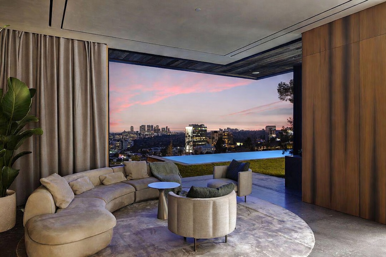 This luxurious living room features a curved, plush sofa and modern armchairs arranged on a circular rug, creating an intimate seating area. The space is defined by its seamless indoor-outdoor flow, with floor-to-ceiling glass walls that frame a breathtaking sunset view of the city skyline and an infinity-edge pool. The minimalist design, warm wood paneling, and soft ambient lighting evoke a sophisticated, high-end atmosphere.