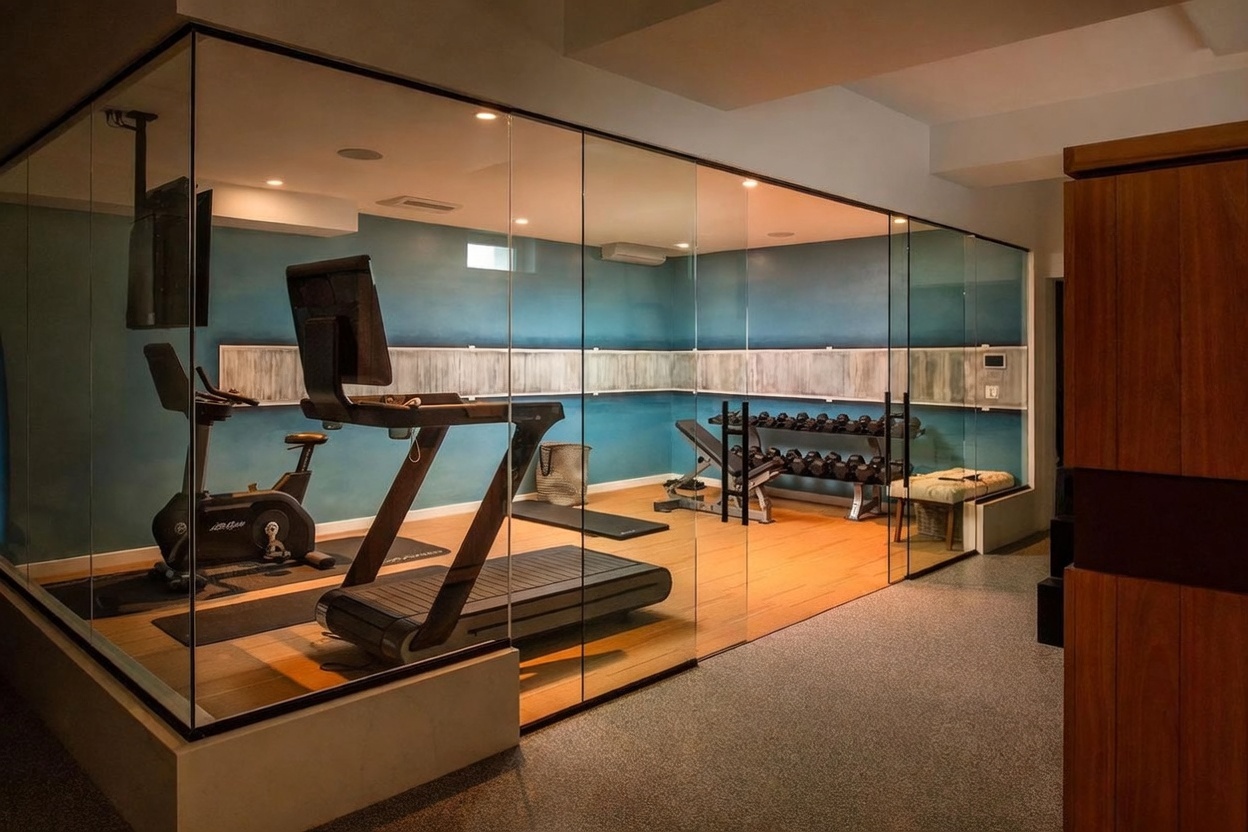 This modern home gym is enclosed within a sleek, glass-walled structure, creating a clean and professional workout environment. The space features light wood flooring, a treadmill, a stationary bike, and a weight rack with dumbbells, all set against a blue-painted wall with a decorative horizontal accent. The perspective looks into the gym from an adjacent room, highlighting the contemporary design and the visibility provided by the floor-to-ceiling glass panels.