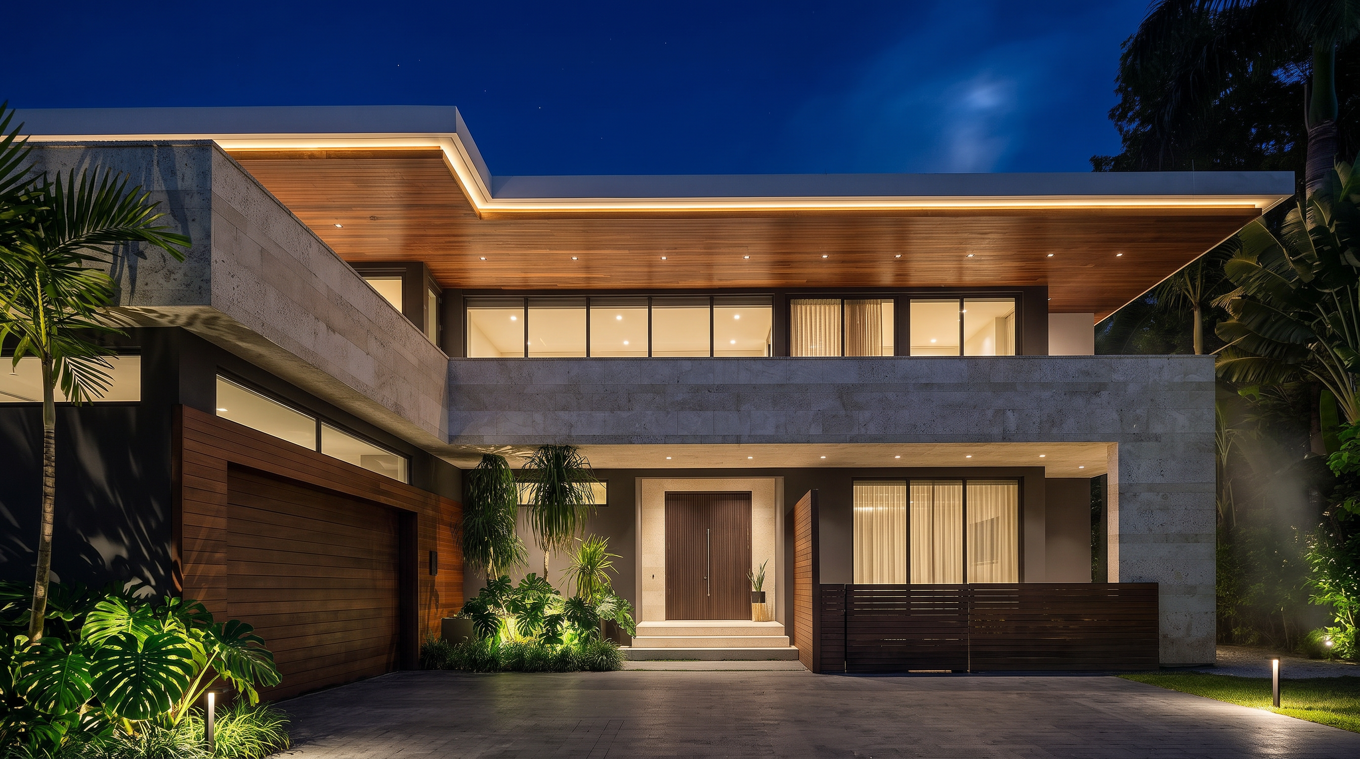 This striking modern residence features a sophisticated blend of natural stone cladding and warm wood paneling, creating a high-end architectural aesthetic. The front facade includes a prominent, deep-set entryway, a wide garage, and a horizontal wood privacy screen, all sheltered by a substantial overhanging roofline. Lush tropical landscaping adds a vibrant contrast to the clean lines and neutral tones of the building's exterior.