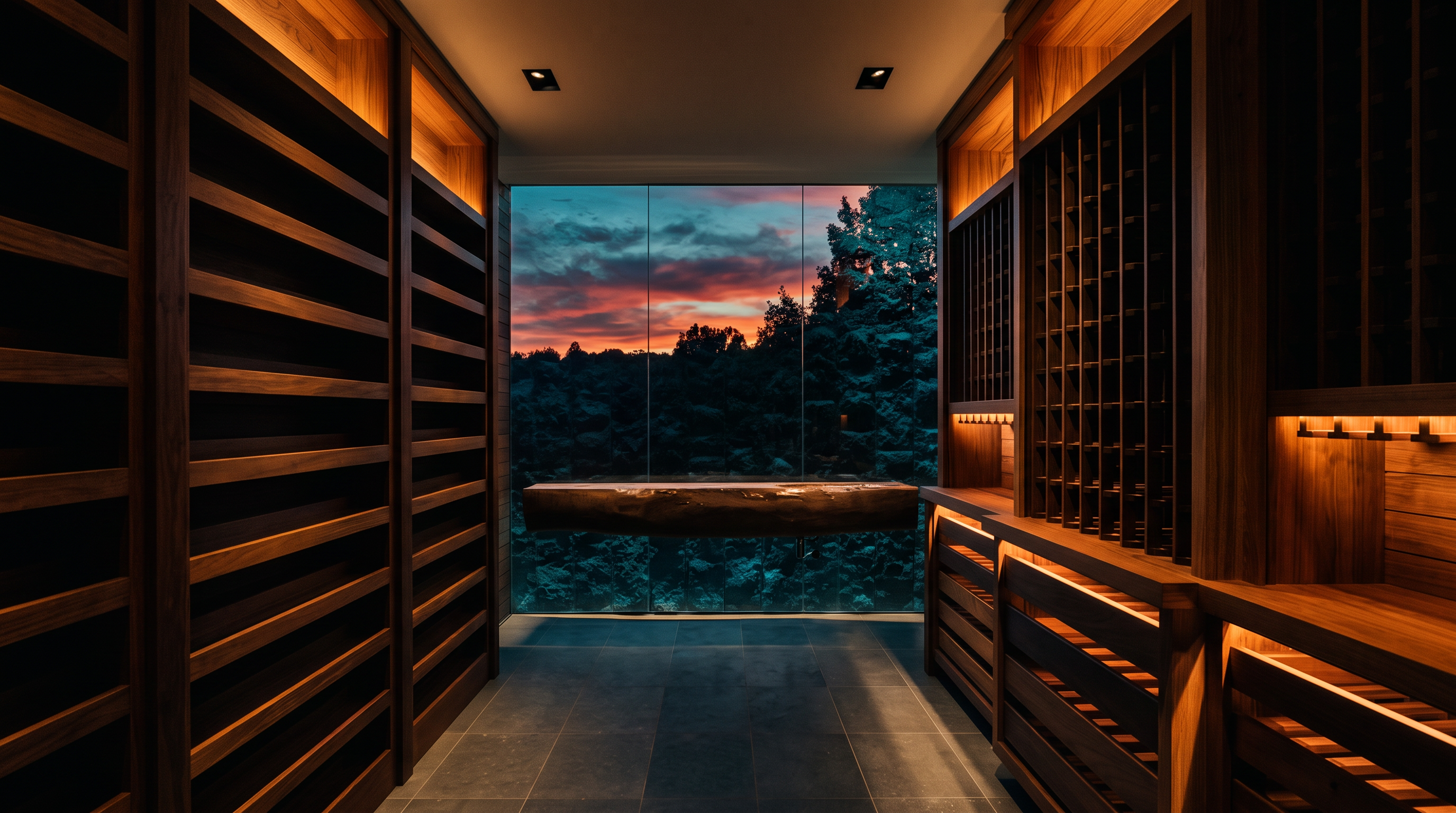 This sophisticated wine cellar features custom wood racking on both sides, illuminated by warm integrated lighting. A central, floating wood beam serves as a focal point against a textured, rough-hewn stone wall at the end of the room. The space is finished with large-format dark floor tiles and recessed ceiling lighting, creating a refined and atmospheric environment.