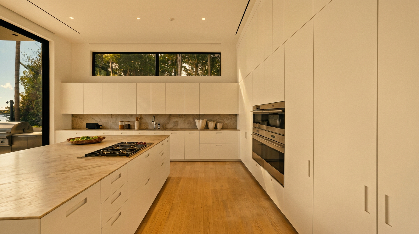 This sleek, minimalist kitchen features expansive white cabinetry and a large central island topped with a light-toned stone surface. A gas cooktop is integrated into the island, while a built-in double oven is set into the wall of cabinetry. The space is brightened by recessed lighting and a horizontal window that provides a view of the outdoors, creating a clean and contemporary aesthetic.