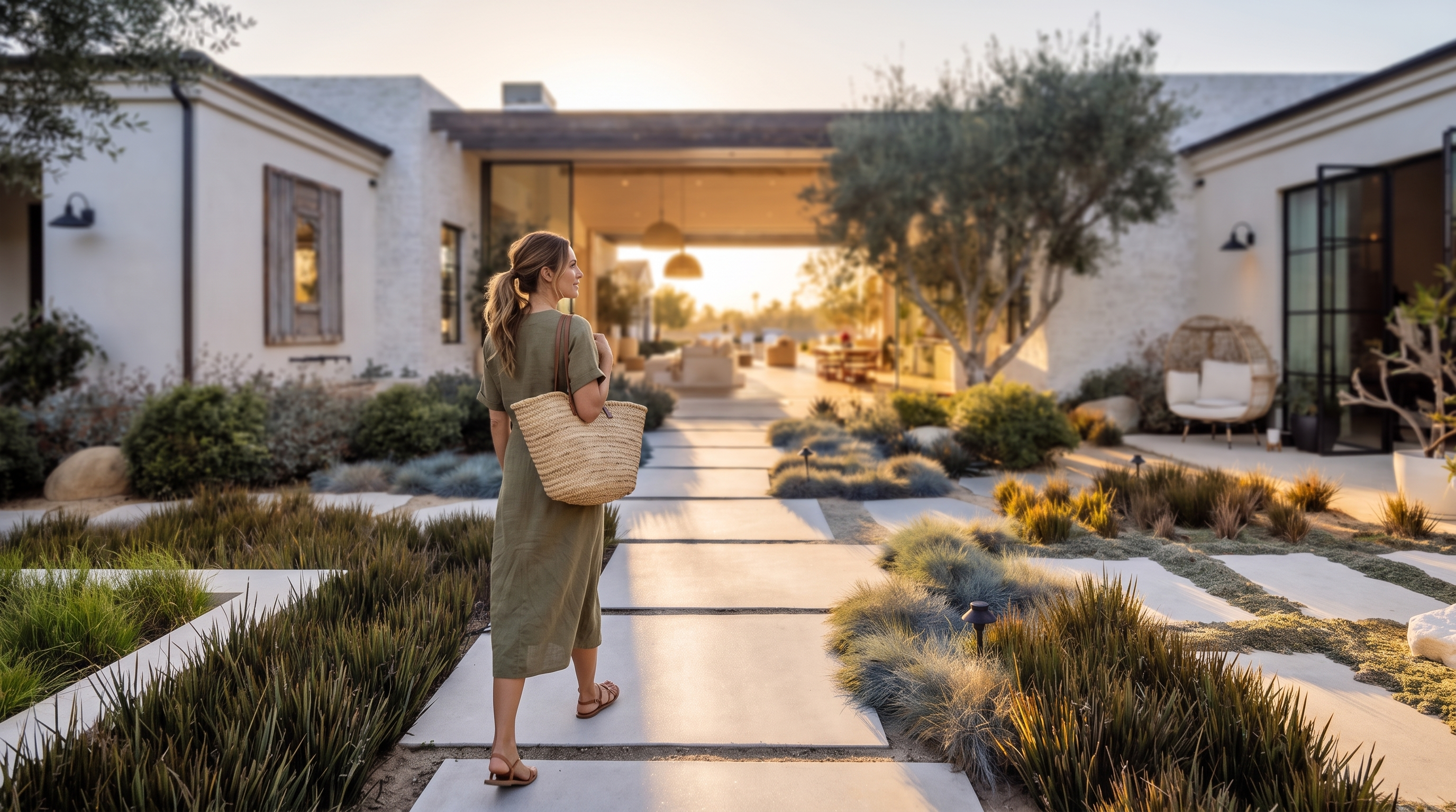 This stunning contemporary residence features a seamless indoor-outdoor transition, with a wide, open-concept living space that connects directly to a landscaped courtyard. The exterior showcases light-toned stone walls, large glass panels, and a minimalist aesthetic, complemented by a structured garden path of concrete pavers surrounded by ornamental grasses. The perspective captures the home at dusk, highlighting the warm interior lighting and the inviting, serene atmosphere of the outdoor living area.