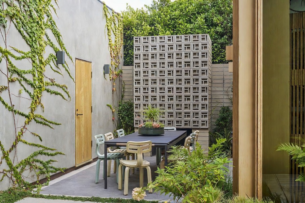 This modern outdoor patio features a dining set arranged on a dark stone-tiled surface, framed by a tall, geometric concrete block screen that serves as a striking architectural focal point. A smooth, light-colored wall covered in climbing ivy provides a lush, textured backdrop, while a simple wooden door adds a warm, natural element to the space. The scene is framed by vibrant greenery, creating a private and serene atmosphere perfect for al fresco dining.