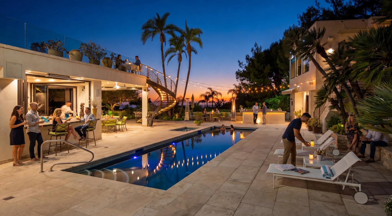 This luxurious outdoor living space features a rectangular swimming pool as the central focal point, surrounded by light-toned stone decking. To the left, an open-air bar area with stools connects to the main residence, while a spiral staircase leads to an upper-level terrace. The scene is captured at twilight, with the warm glow of landscape lighting highlighting the palm trees and the modern architecture against a vibrant sunset sky.