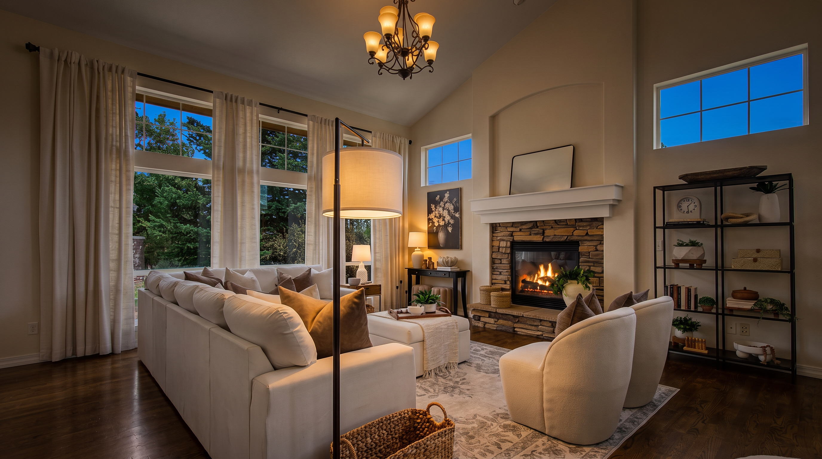 This bright and airy living room features a vaulted ceiling and a large, comfortable white sectional sofa arranged around a patterned area rug. A prominent stone-clad chimney breast with a fireplace serves as the focal point, complemented by a tall metal shelving unit and large windows that flood the space with natural light. The room is decorated in a neutral, modern style with a chandelier and a floor lamp, creating a welcoming and sophisticated atmosphere.