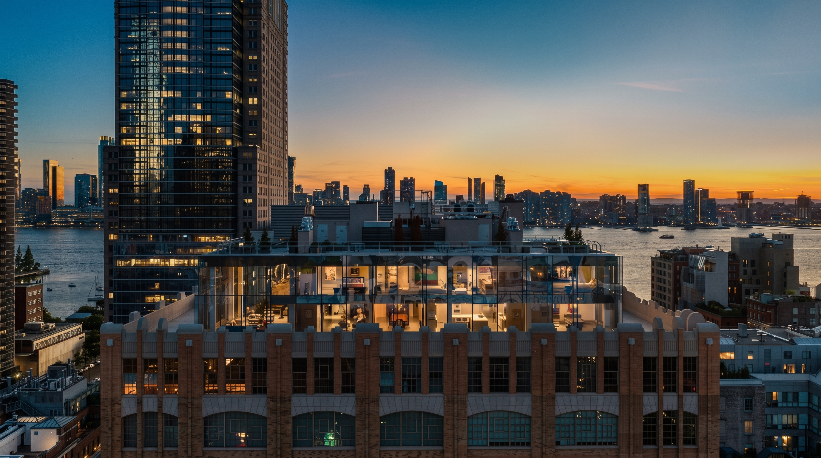 This aerial perspective captures a striking urban skyline at dusk, featuring a prominent brick building with a modern glass-enclosed penthouse addition. The glass structure reveals a warm, illuminated interior, contrasting with the industrial brick facade below and the expansive river view in the background. The composition highlights the property's unique blend of historic architecture and contemporary luxury living against a vibrant sunset.