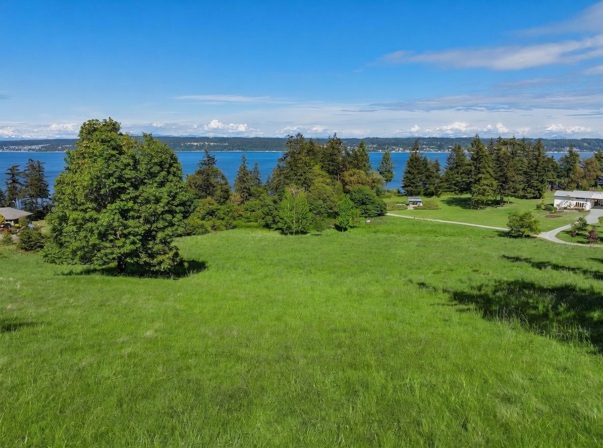 This expansive, elevated view captures a large, lush green meadow sloping gently toward a scenic waterfront. The landscape is dotted with mature trees and features a winding gravel path leading toward a distant structure, with a vast blue body of water and a mountainous horizon in the background. The perspective is wide and elevated, emphasizing the open space and natural beauty of the property.
