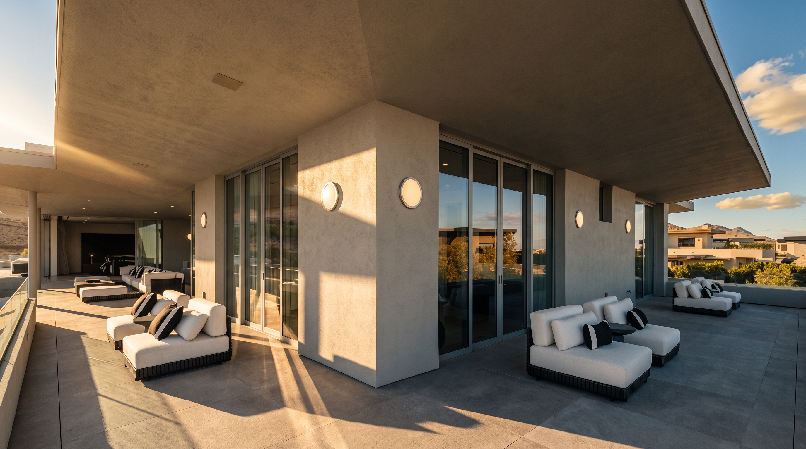 This expansive, covered outdoor terrace features a sleek, modern design with large-format light-toned floor tiles and a deep overhang providing shade. Multiple seating areas are arranged with contemporary white outdoor furniture accented by dark cushions, creating a sophisticated space for relaxation. The area is defined by clean lines, minimalist wall sconces, and extensive glass sliding doors that seamlessly connect the indoor and outdoor living environments.