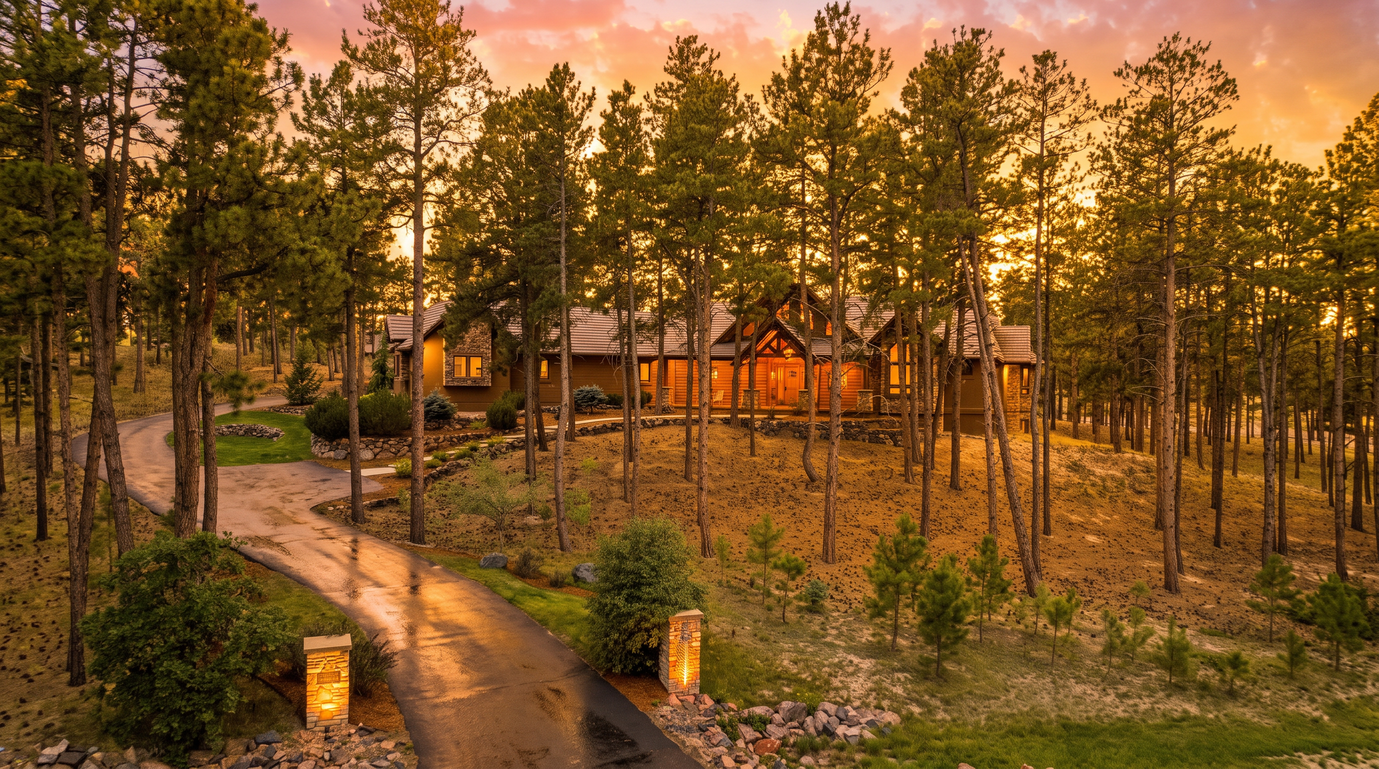 This elevated perspective captures a sprawling, rustic-style home nestled within a dense forest of tall pine trees. The house features a warm, earthy exterior with stone accents and a welcoming, illuminated entryway, set against a dramatic sunset sky. A paved driveway winds through the wooded landscape, leading up to the residence and framed by two stone pillars with integrated lighting.