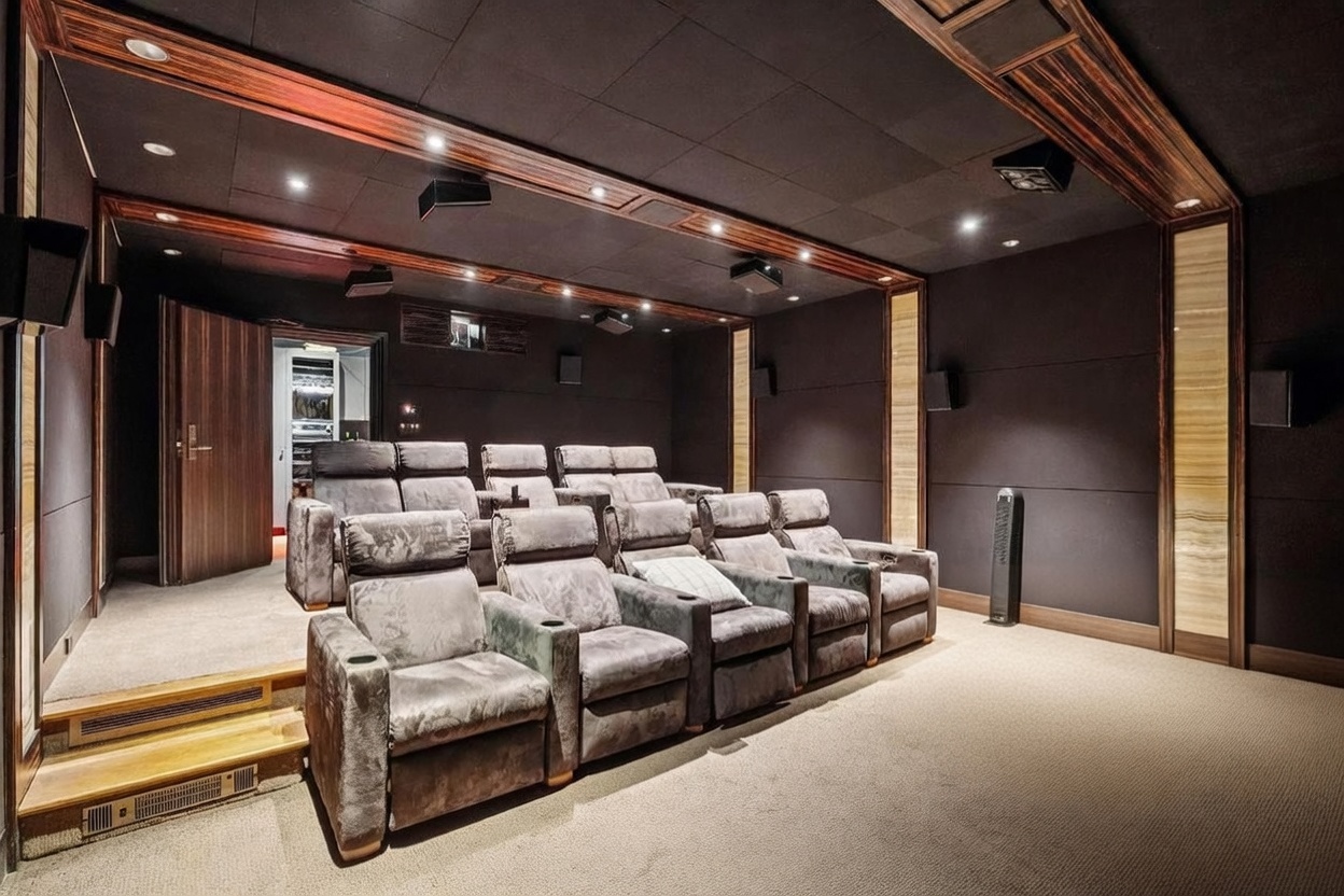 This dedicated home theater room features tiered seating with multiple rows of plush, dark-toned recliners arranged for optimal viewing. The space is finished with dark acoustic wall panels, recessed ceiling lighting, and a large, textured beanbag-style lounger in the foreground. A doorway on the left leads to an equipment closet, and the room is designed with a sophisticated, moody aesthetic suitable for immersive cinematic experiences.