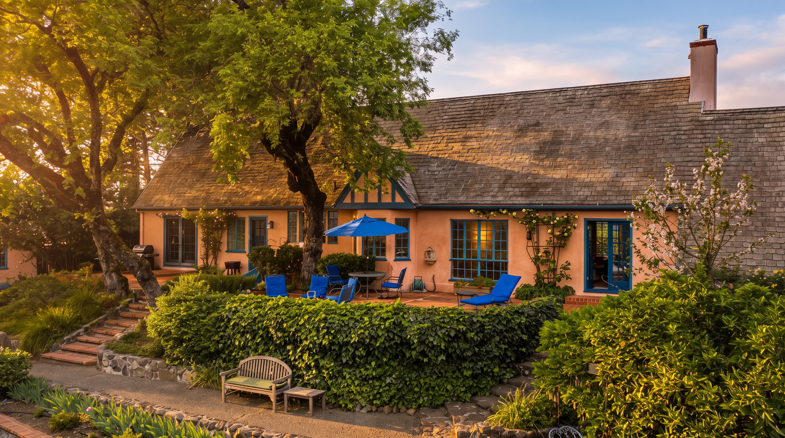 This charming rear exterior view showcases a peach-colored home with a steeply pitched shingled roof and blue-trimmed windows. A spacious brick patio sits in the foreground, furnished with blue lounge chairs and a dining set under a blue umbrella, all framed by a lush, manicured hedge. The scene is set against a backdrop of mature trees and a clear blue sky, creating a serene and inviting outdoor living space.