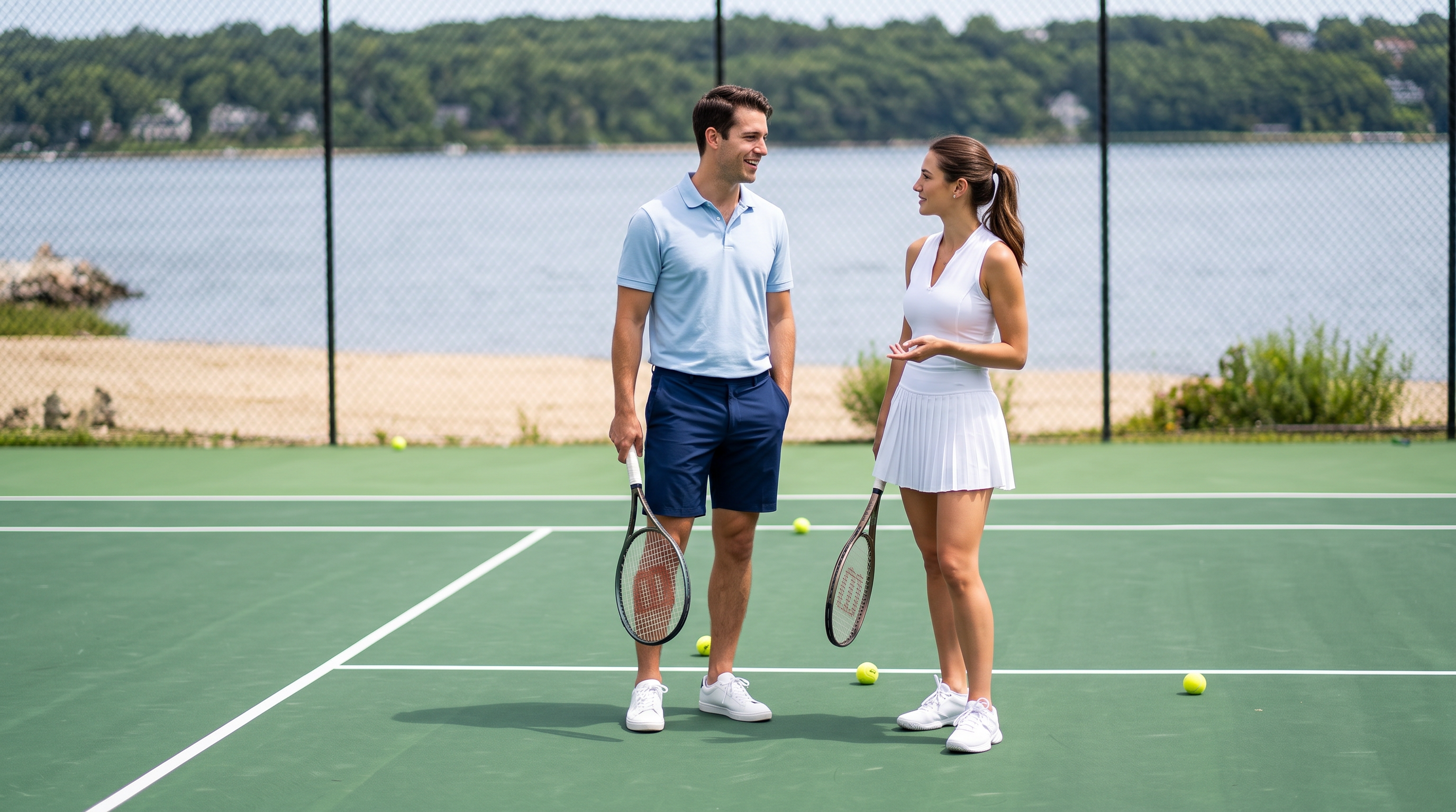 This stunning high-angle aerial view captures a sprawling waterfront estate featuring a private tennis court and a manicured green lawn. The property includes a large wooden deck with outdoor seating, a small gazebo, and direct access to a private beach along a calm bay. This luxurious outdoor space is framed by mature trees, highlighting its peaceful and exclusive coastal setting.