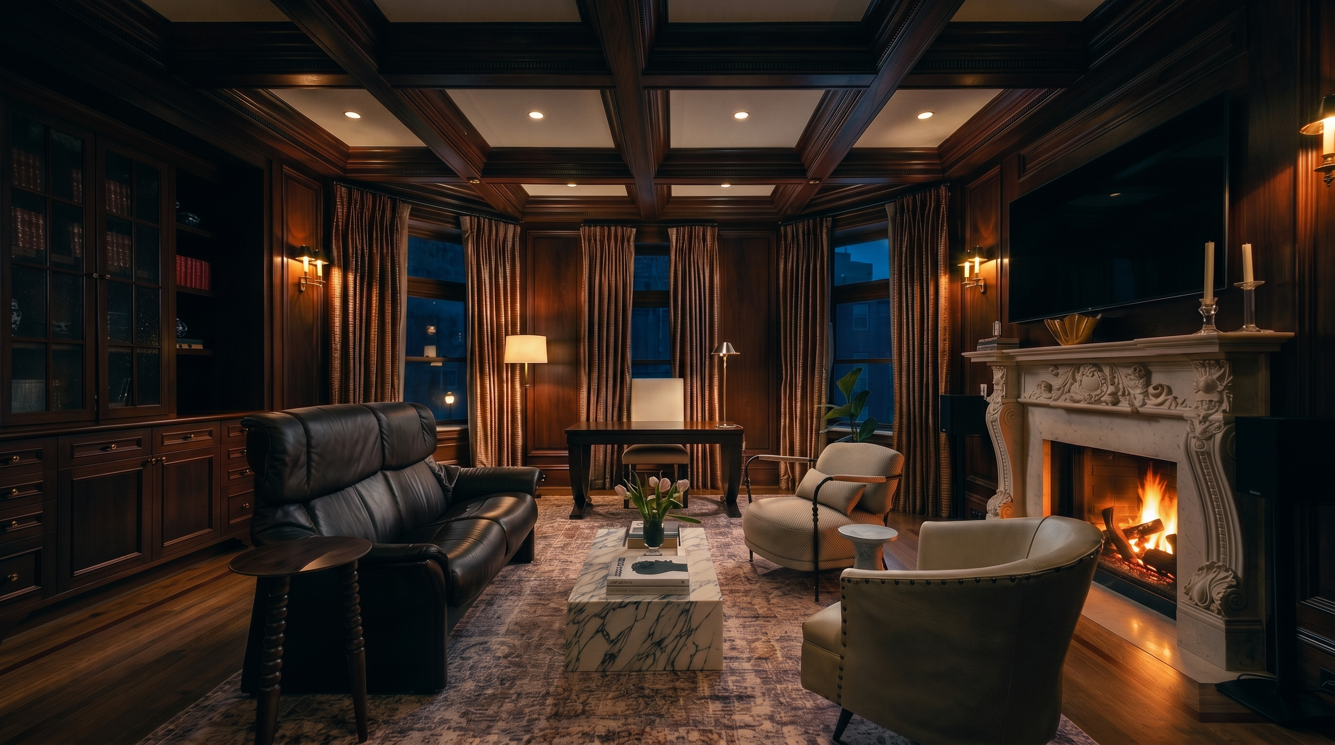 This sophisticated living room features rich wood-paneled walls and a coffered ceiling, creating a warm and traditional atmosphere. The space is anchored by a stone fireplace with an ornate mantel and a large television mounted above, complemented by a leather sofa, two accent chairs, and a central stone coffee table. Large windows draped in floor-length curtains allow natural light to filter into the room, which is finished with hardwood flooring and a patterned area rug.