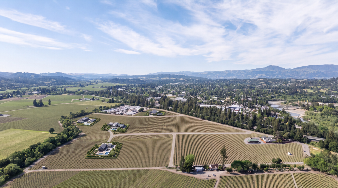This stunning aerial view captures a sprawling vineyard estate featuring multiple modern homes situated within vast, orderly rows of grapevines. The landscape is characterized by its rural elegance, extensive property lines, and mature trees, nestled against a backdrop of rolling hills and a distant mountain range. This setting offers a serene, luxurious country lifestyle perfectly suited for a high-end residential real estate listing.