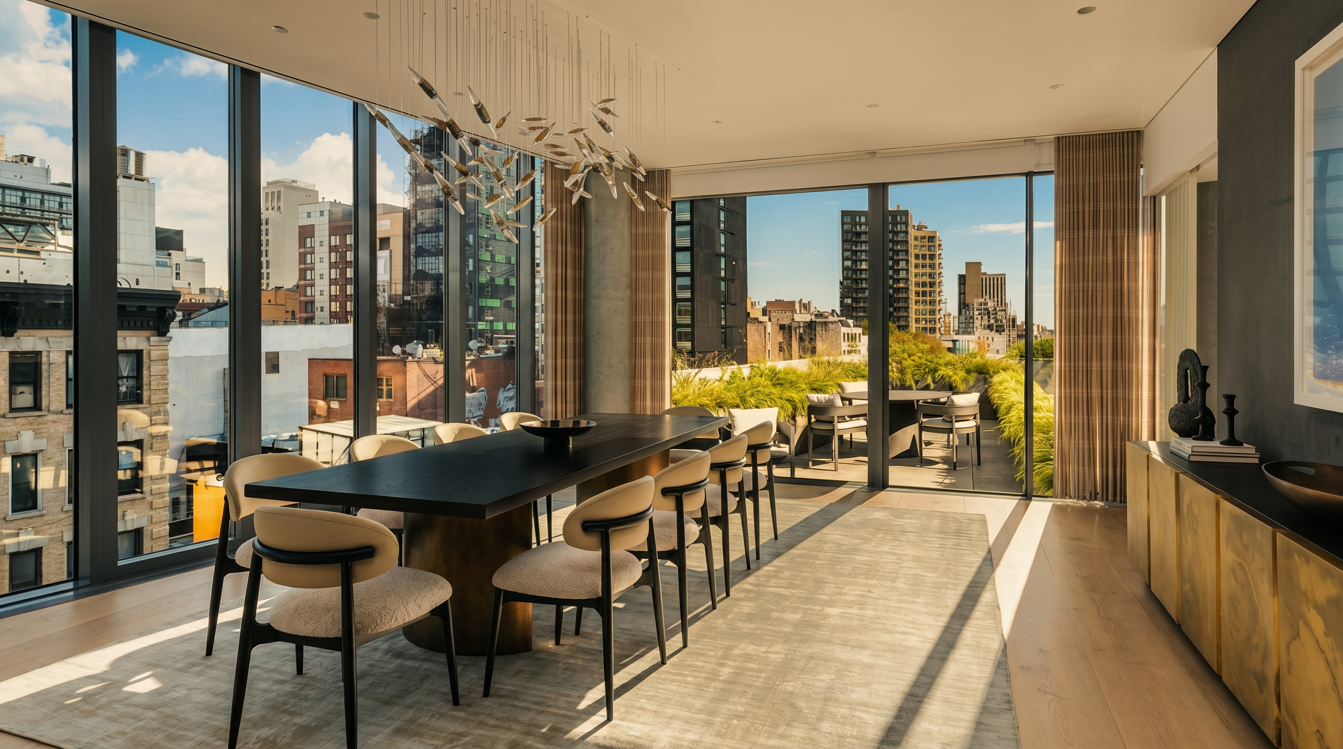 This sophisticated dining room features a long, dark-toned table surrounded by modern, cream-colored upholstered chairs, all set beneath a striking, sculptural chandelier. The space is defined by expansive floor-to-ceiling windows that provide panoramic city views and seamless access to an outdoor terrace. A sleek, metallic-finished sideboard adds a touch of luxury, while the light wood flooring and neutral color palette create an airy, high-end atmosphere.