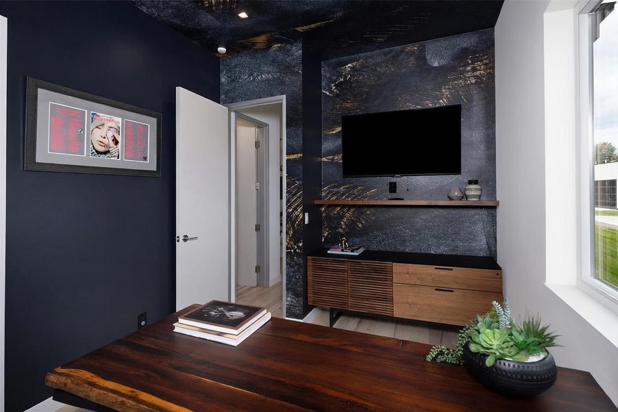 This sophisticated home office features a bold, dark aesthetic with a striking accent wall covered in textured, dark-toned wallpaper with gold highlights. A wooden desk sits in the foreground, while a media console with slatted wood detailing and a wall-mounted television provide a functional workspace setup. The room is accented by framed artwork and a potted succulent, creating a moody and professional atmosphere.