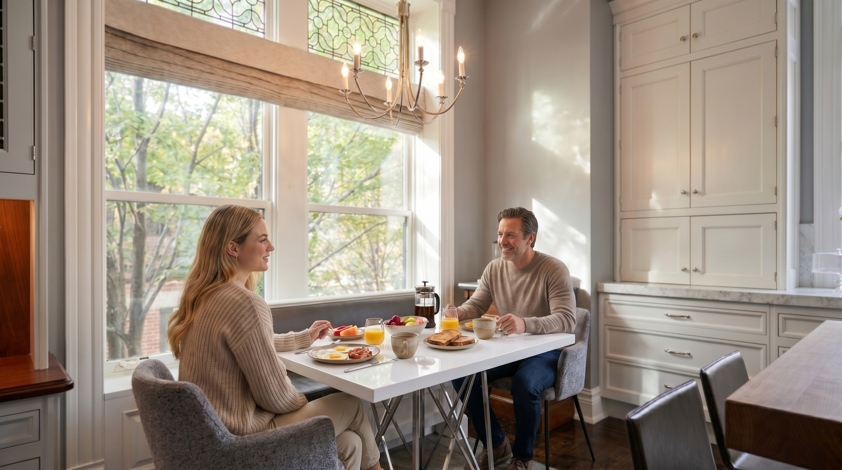 This bright and elegant breakfast nook is integrated into a kitchen space, featuring a built-in banquette bench set against large windows with stained glass accents. A modern white table with a geometric metal base is surrounded by upholstered armchairs, creating a sophisticated dining area. The room is complemented by custom white cabinetry, a coffee station, and a view of a wooden island, all set against a neutral gray wall.
