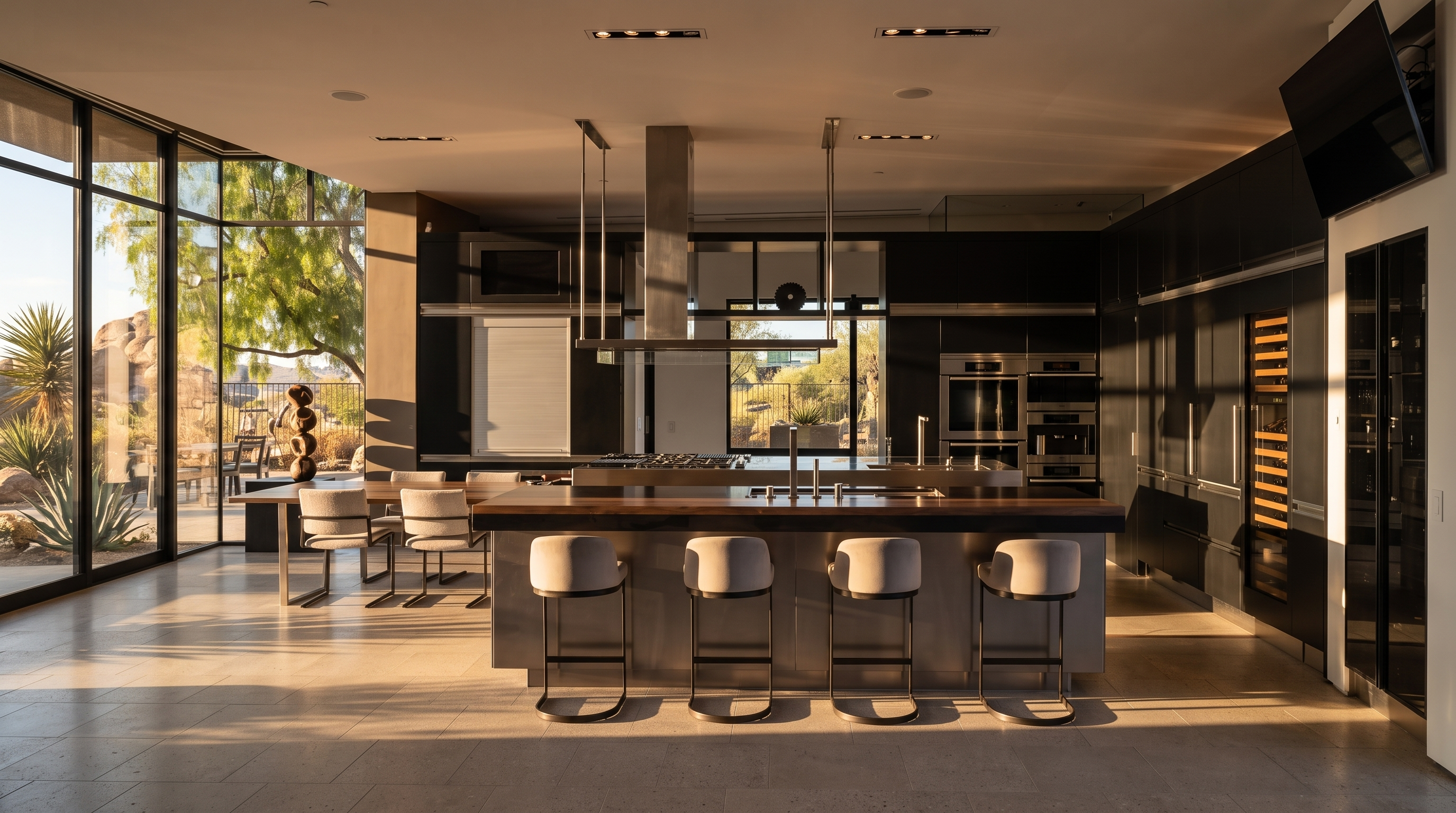This sleek, modern kitchen features a large central island with a wood-topped breakfast bar and four contemporary stools. The space is defined by dark, minimalist cabinetry, integrated stainless steel appliances, and a prominent stainless steel range hood. Large windows provide an expansive view of the outdoor landscape, creating a bright and airy atmosphere that emphasizes the open-concept design.