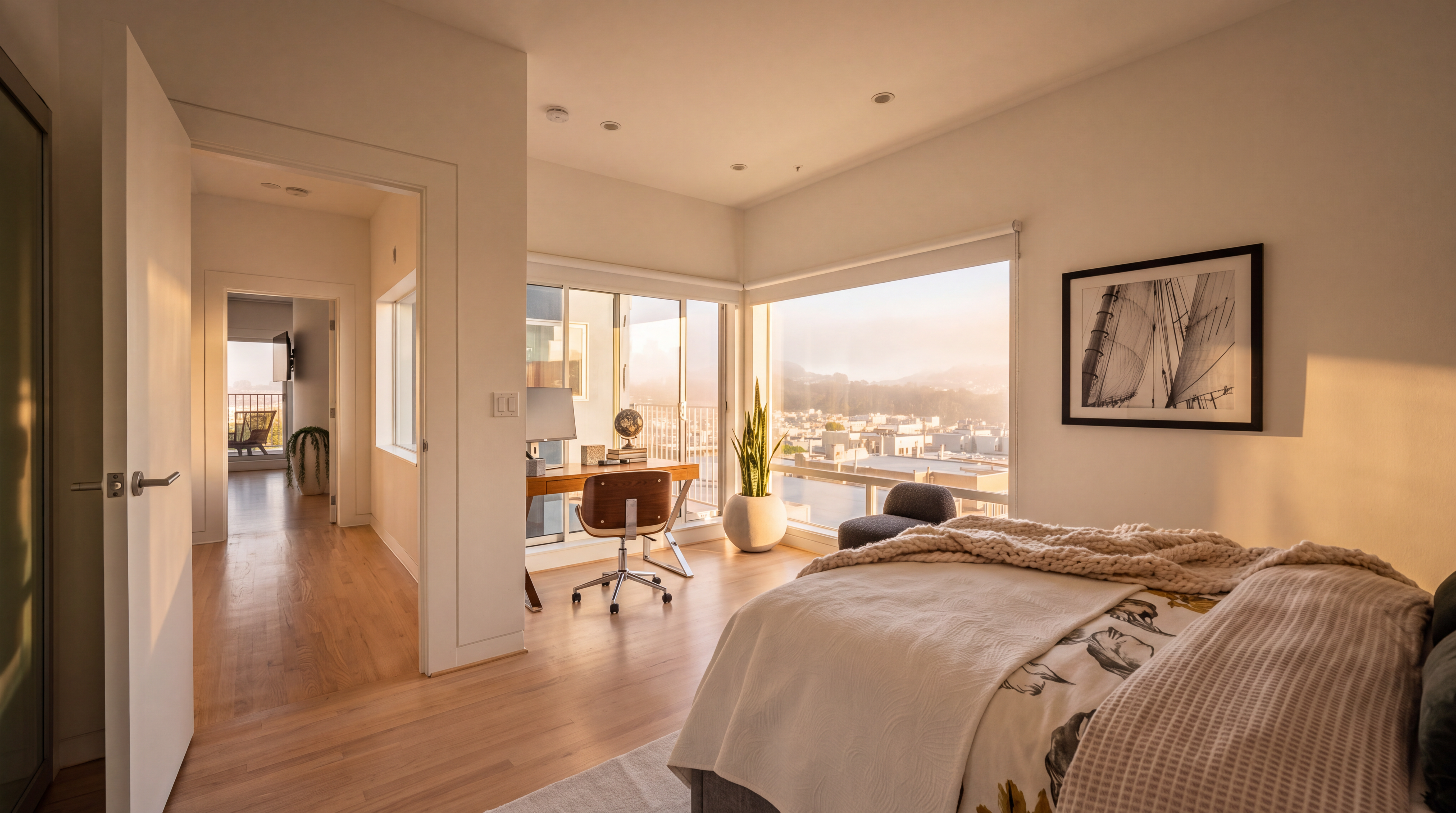 This bright and airy primary bedroom features light wood flooring and a neutral color palette, centered around a bed with a textured throw blanket. Large windows provide expansive city views and natural light, while a dedicated office nook with a desk and chair is positioned near the glass. The room flows seamlessly into a hallway, creating an open and modern living space.