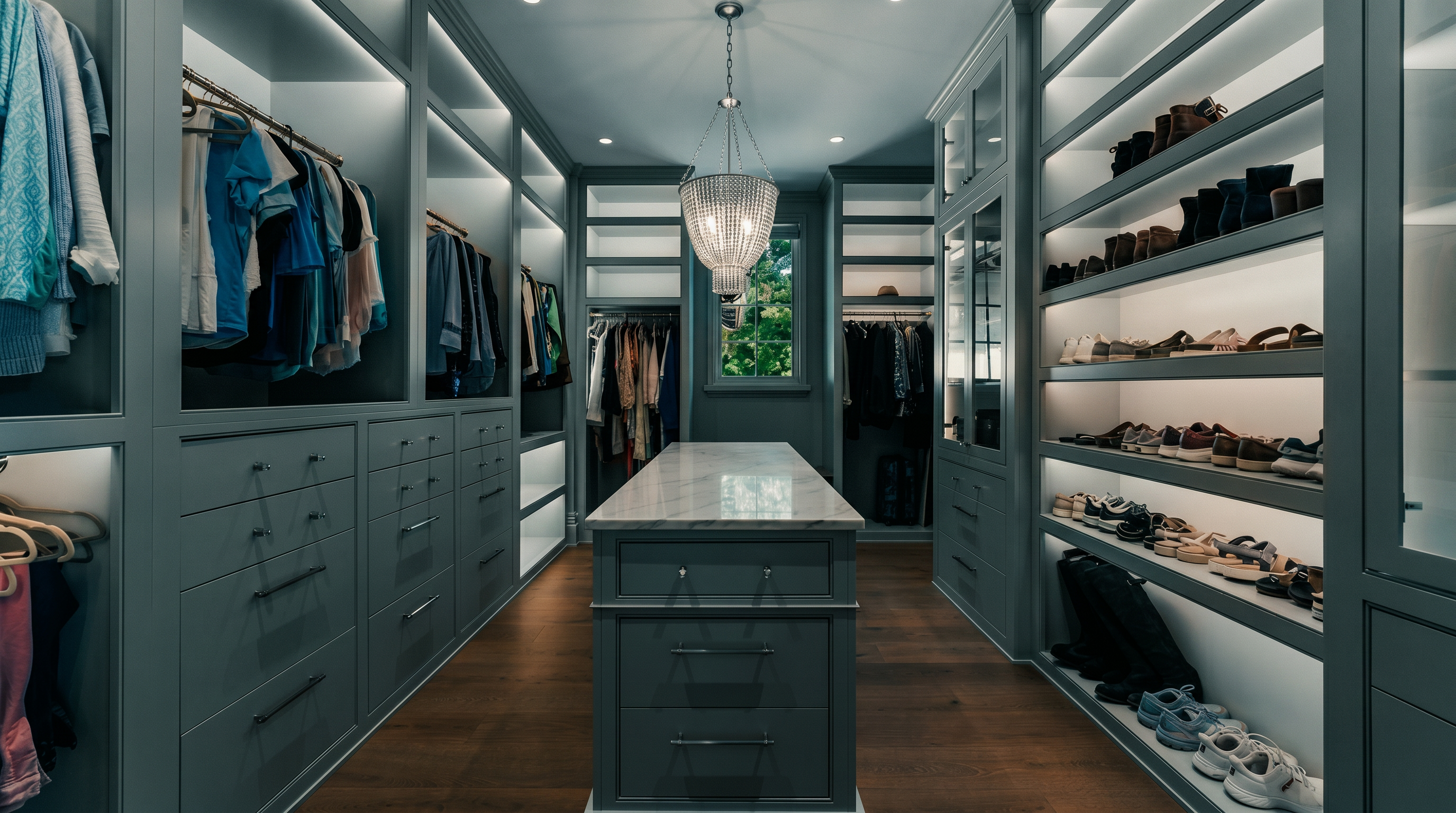 This spacious, high-end walk-in closet features custom grey cabinetry with integrated LED lighting throughout the shelving and hanging sections. A central island with a stone countertop and multiple drawers provides additional storage, while a crystal chandelier hangs from the ceiling to add a touch of elegance. The room is finished with warm-toned wood flooring and a window at the far end that allows natural light to brighten the space.