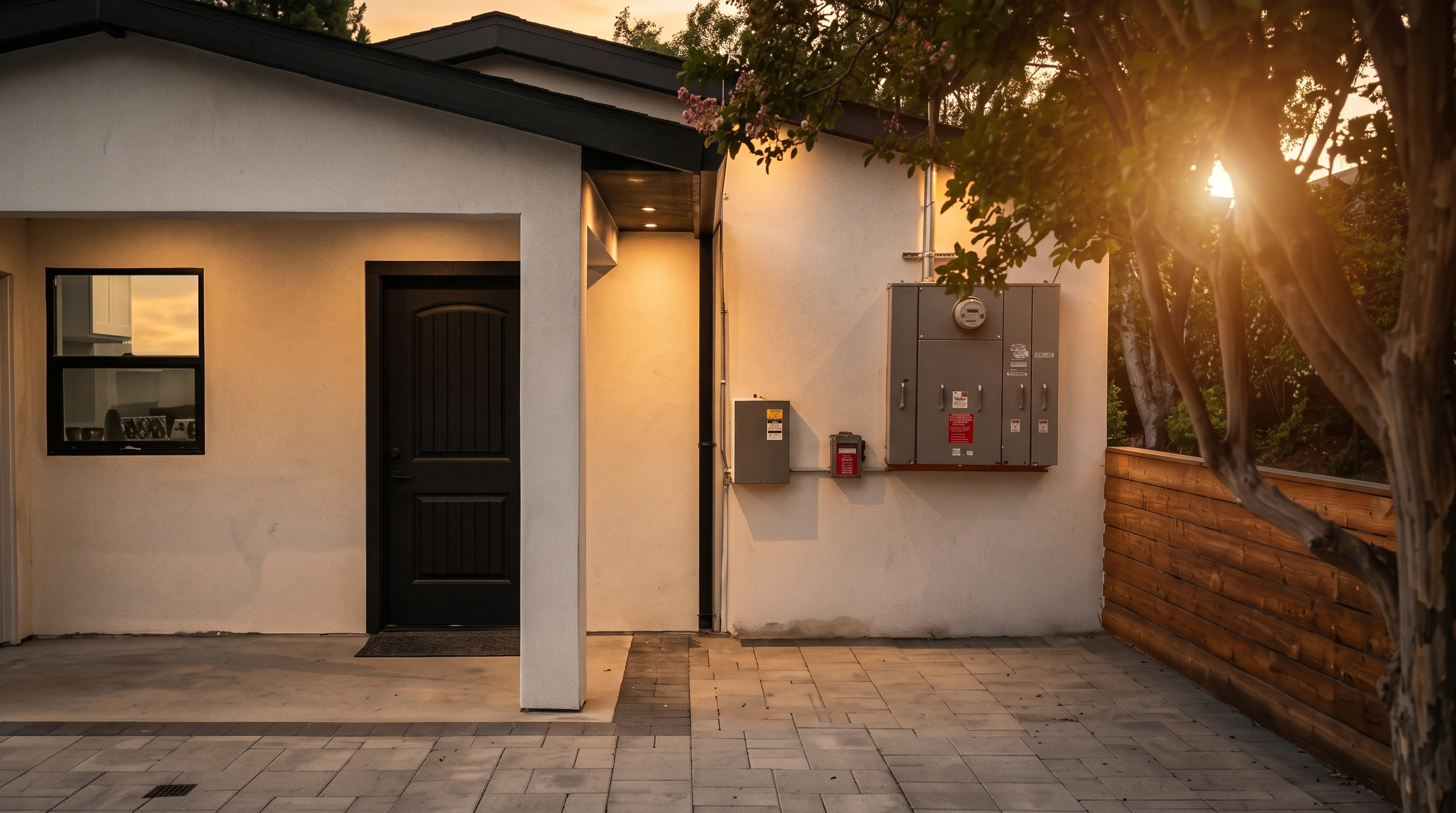This exterior view captures a modern, white-stucco accessory dwelling unit or guest house featuring a dark-framed front door and a matching window. The structure is set against a paved stone patio area that connects to a large, dark-toned garage on the left, with a wooden privacy fence bordering the right side. The scene is bathed in the warm, golden light of a sunset, creating a clean and inviting atmosphere.
