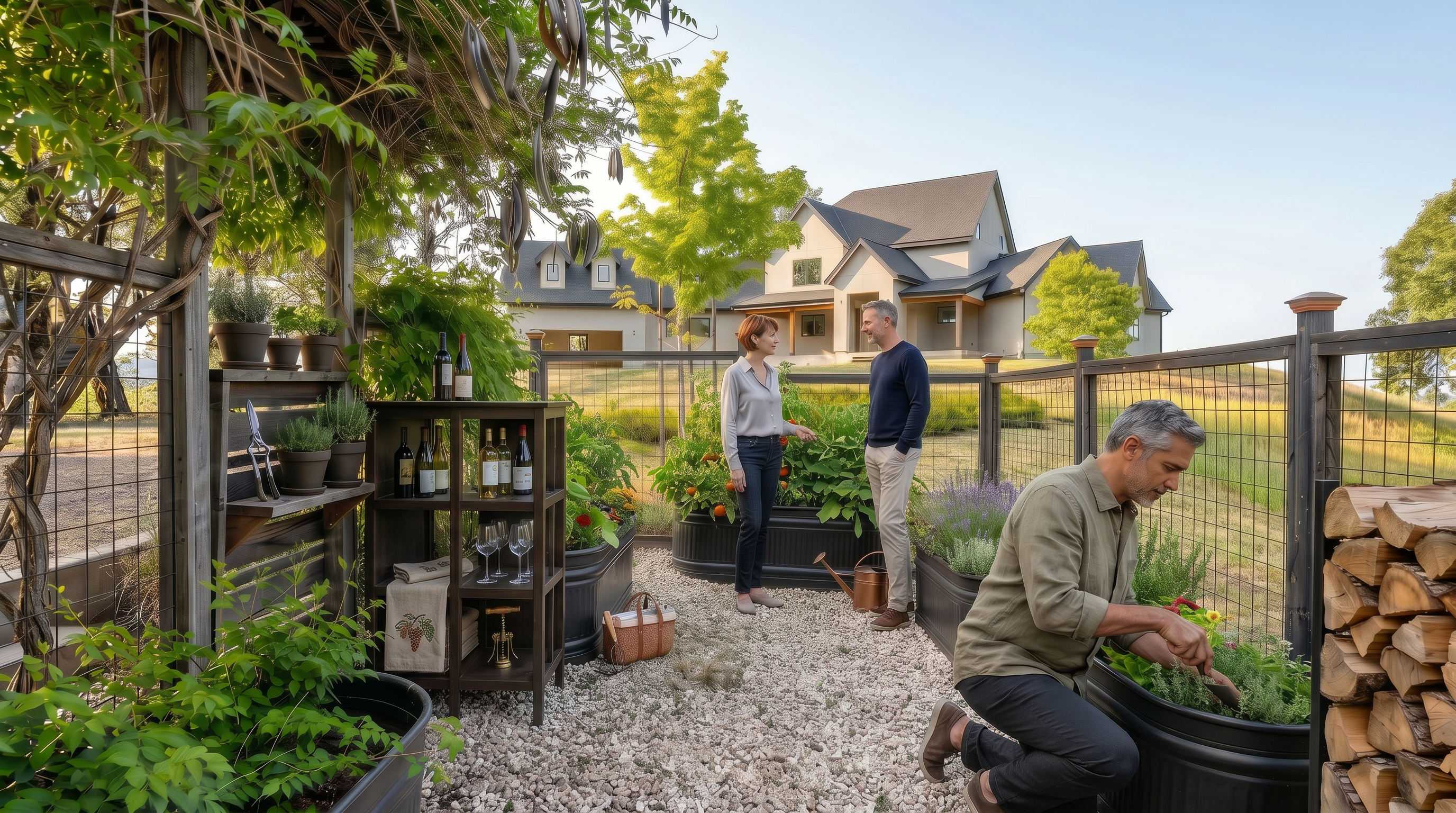 This charming, well-manicured garden area features several black corrugated metal raised beds filled with thriving vegetables, herbs, and lavender. A rustic gravel pathway weaves through the space, which includes an elegant dark wood shelving unit for garden tools and wine, framed by a sturdy vine-covered arbor and trellis fencing. The peaceful setting provides a picturesque view of a sophisticated custom residence in the background, making it an inviting space for leisure and outdoor entertaining.