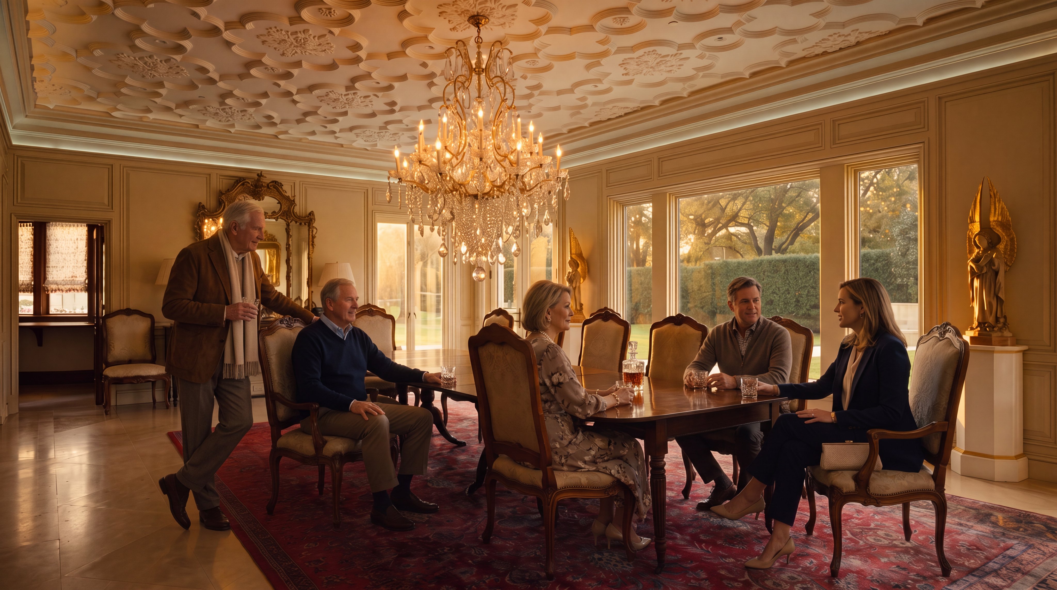This elegant formal dining room features an ornate, intricate plaster ceiling design and a large crystal chandelier as the central focal point. A long wooden dining table is surrounded by upholstered chairs, set atop a large, detailed patterned rug that spans the room. The space is framed by tall windows overlooking a lush green garden, with a decorative gold-framed mirror and a statue on a pedestal adding to the sophisticated, traditional aesthetic.