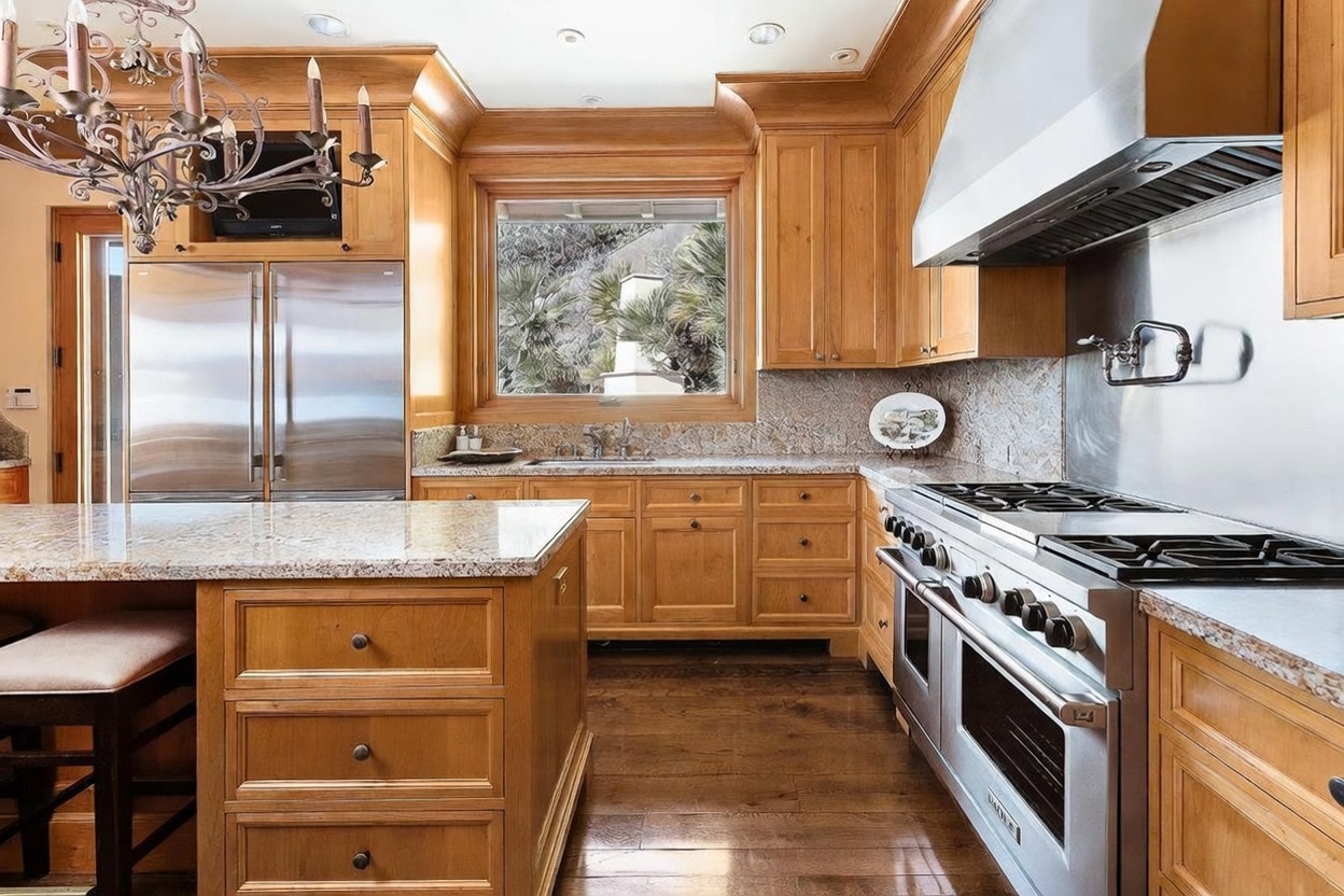 This spacious kitchen features warm-toned wood cabinetry, a large central island with a stone countertop, and high-end stainless steel appliances, including a professional-style range and a double-door refrigerator. A large window above the sink provides a view of the outdoors, while a decorative chandelier hangs above the island, adding a touch of elegance. The space is finished with dark wood flooring and stone countertops, creating a classic and inviting atmosphere.
