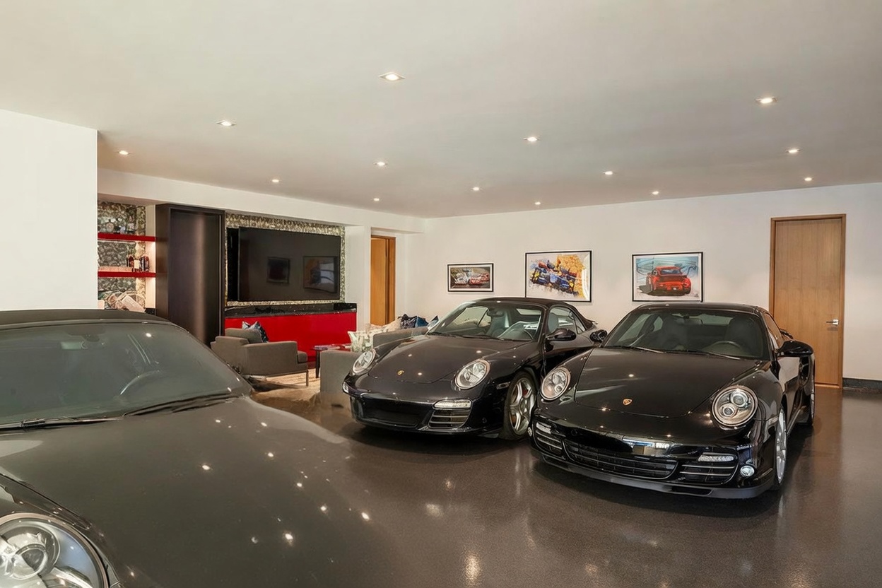 This unique space functions as a luxury garage lounge, seamlessly blending a high-end vehicle display area with a comfortable living room. The room features a polished dark floor, recessed ceiling lighting, and a sleek entertainment wall with a large television and red cabinetry. Three high-performance sports cars are parked in the foreground, creating a sophisticated atmosphere that bridges the gap between automotive storage and refined interior living.