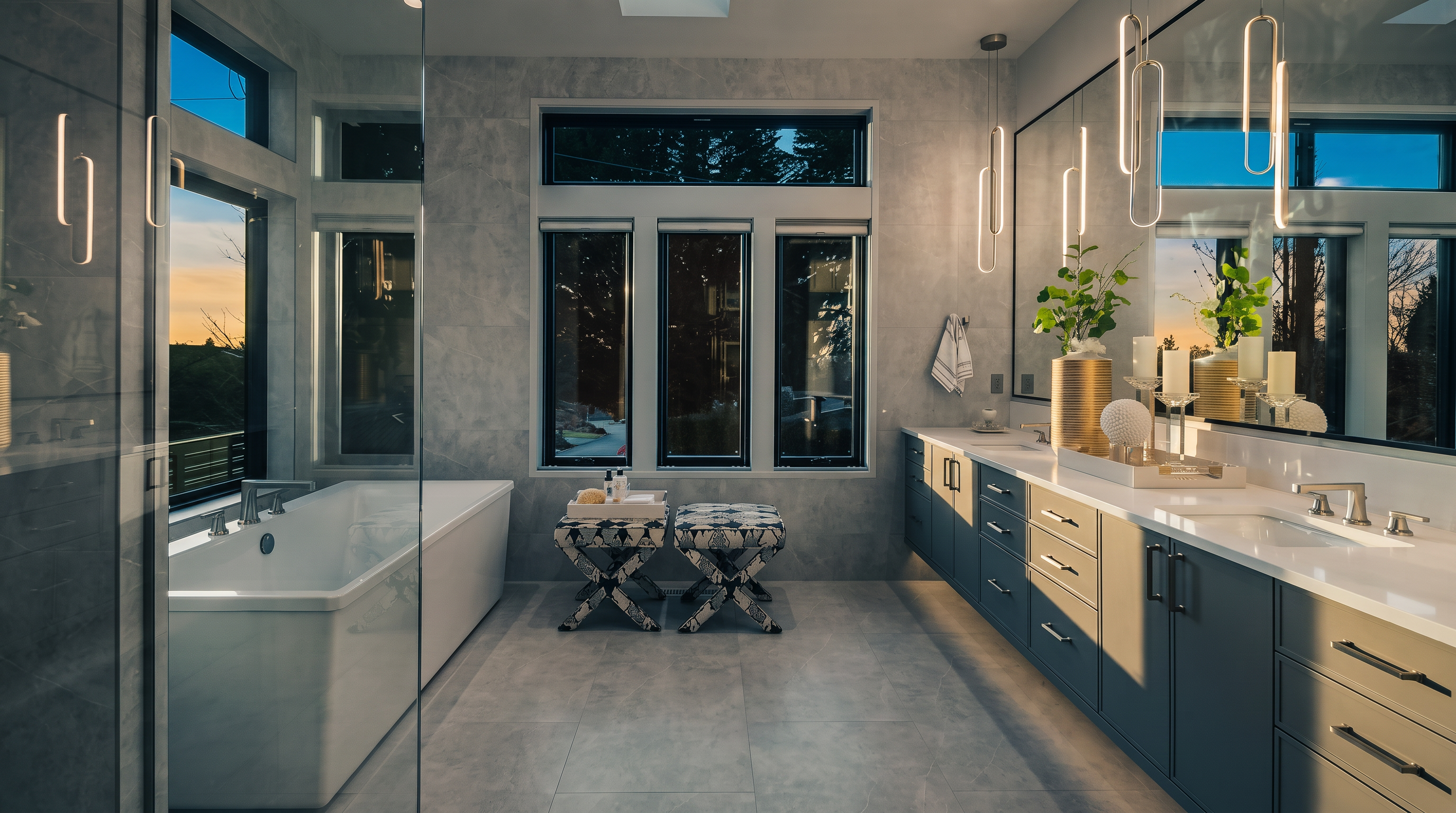 This luxurious primary bathroom features a sleek, modern design with a deep soaking tub positioned beside large windows that offer natural light. A long, dual-sink vanity with dark cabinetry and a large mirror provides ample storage and counter space, complemented by contemporary pendant lighting. The room is finished with neutral-toned large-format tiles and includes a pair of patterned stools, creating a sophisticated and serene atmosphere.