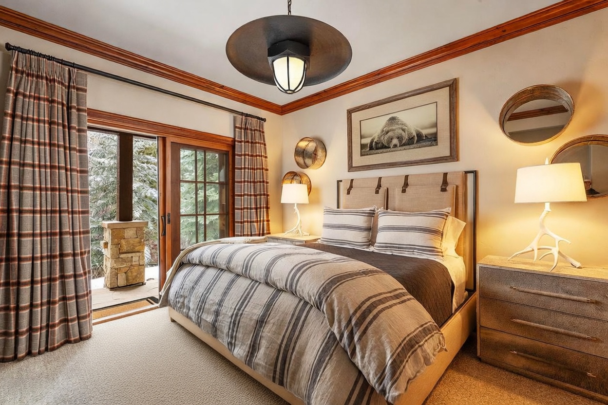 This cozy bedroom features a rustic mountain aesthetic with a plush bed dressed in striped linens and a dark faux-fur throw. The room is accented by antler-style table lamps, circular wall mirrors, and a framed bear print above the headboard. A sliding glass door provides access to a snowy outdoor deck, framed by plaid curtains that enhance the warm, lodge-inspired atmosphere.