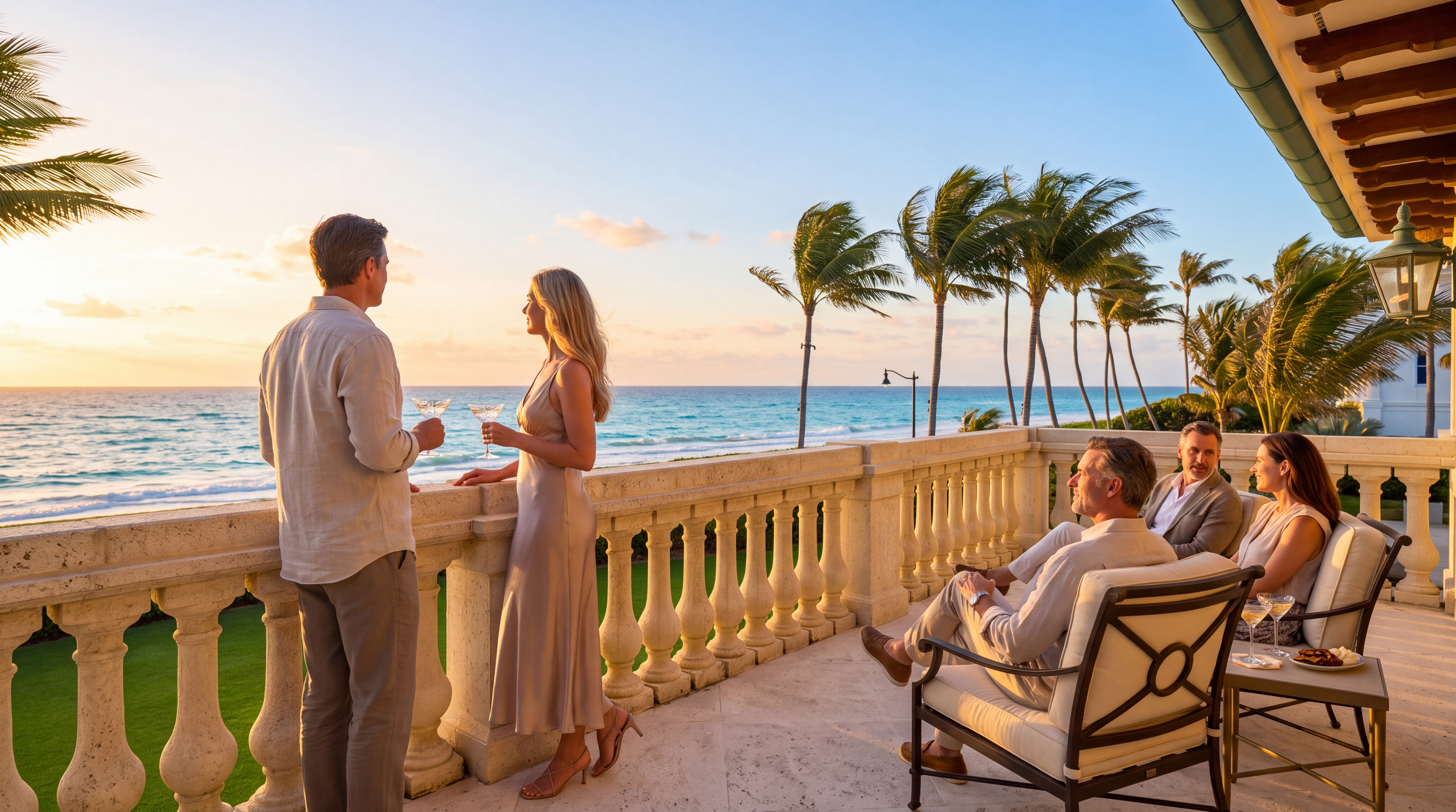 This luxurious balcony features classic stone balustrading and offers a stunning, elevated view of the ocean at sunset, framed by lush palm trees. The space is furnished with comfortable seating, creating an inviting atmosphere for social gatherings. It serves as a prime example of high-end coastal living, highlighting both premium construction materials and an exceptional outdoor entertaining area.