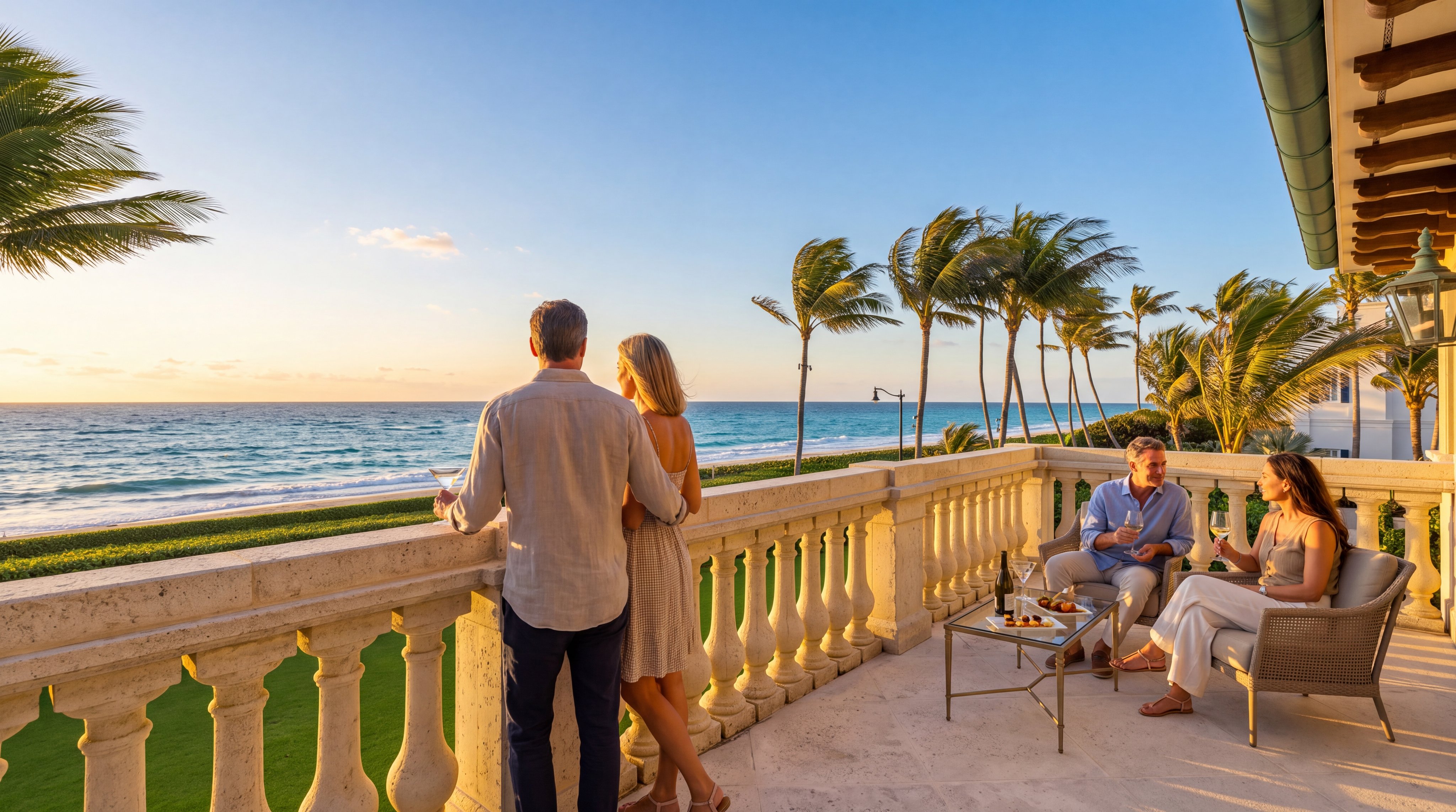 This stunning, expansive balcony offers breathtaking panoramic views of the ocean at sunset, perfectly designed for luxury outdoor living. The space is highlighted by elegant stone balustrades, comfortable lounge seating, and an intimate setting for social gatherings, evoking an upscale, resort-style atmosphere. It represents a premium outdoor amenity that enhances the property's overall appeal and value.