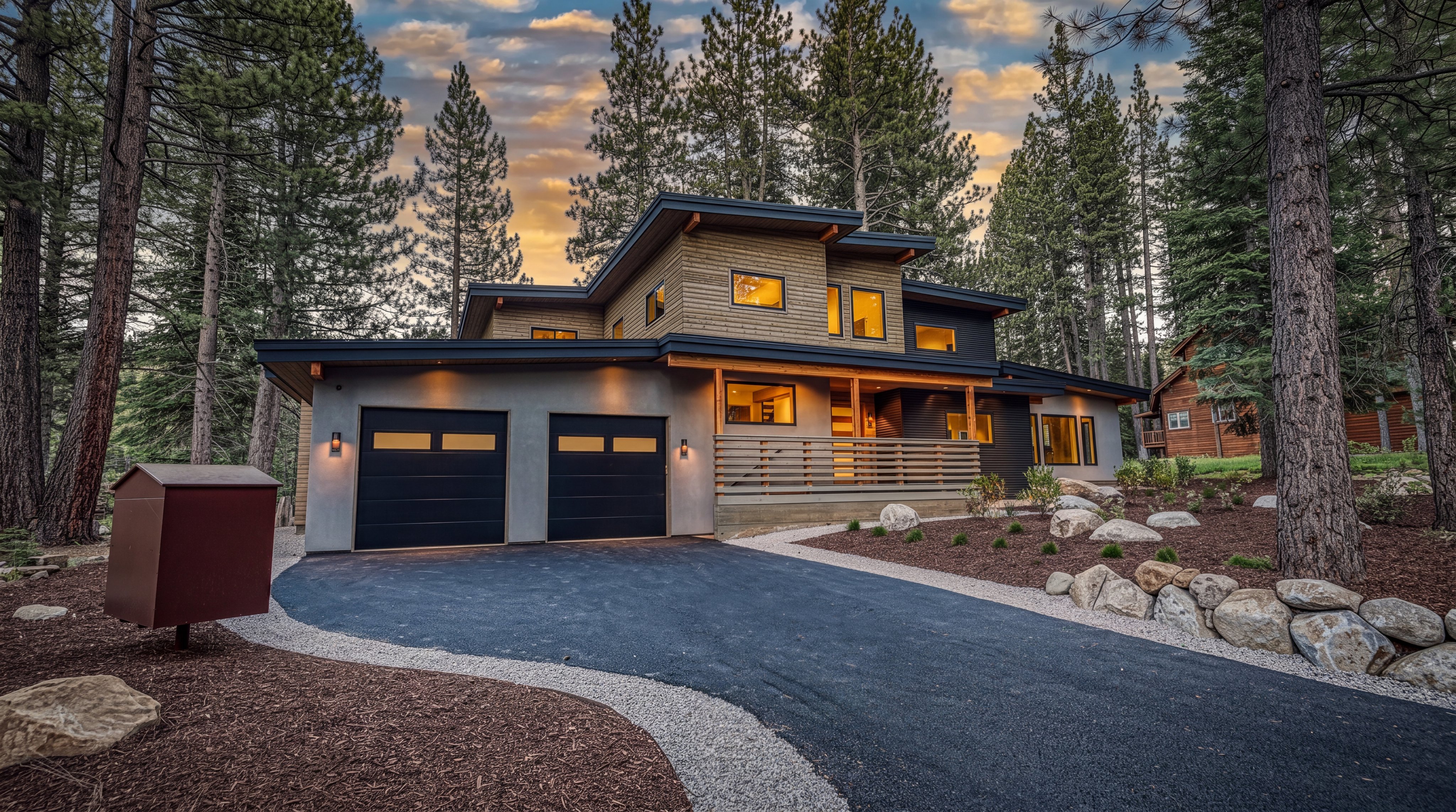 This modern mountain home features a striking blend of horizontal wood siding, smooth stucco, and dark metal accents, set against a backdrop of tall pine trees. The front facade includes a two-car garage with dark doors, a covered entryway with horizontal slat railings, and a curved asphalt driveway bordered by light-colored gravel. The overall aesthetic is contemporary and rustic, creating a warm, inviting impression at dusk.