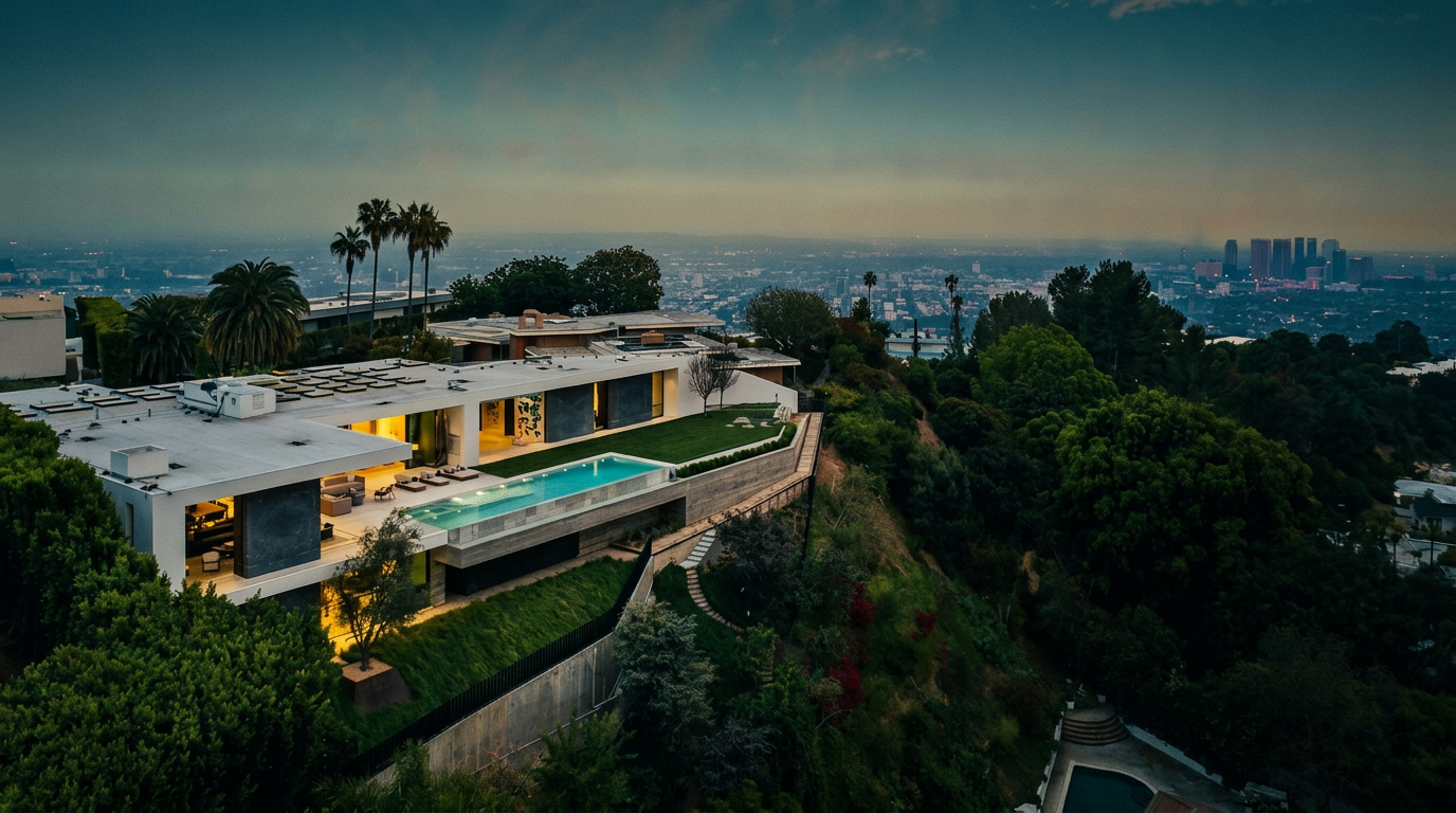This stunning aerial perspective captures a modern, flat-roofed luxury residence perched on a hillside, offering panoramic views of the sprawling city below. The home features a sleek, minimalist design with a prominent infinity-edge pool that seamlessly blends into the horizon, complemented by a manicured lawn and lush surrounding greenery. The composition emphasizes the property's exclusive, elevated location and its sophisticated integration with the natural landscape.