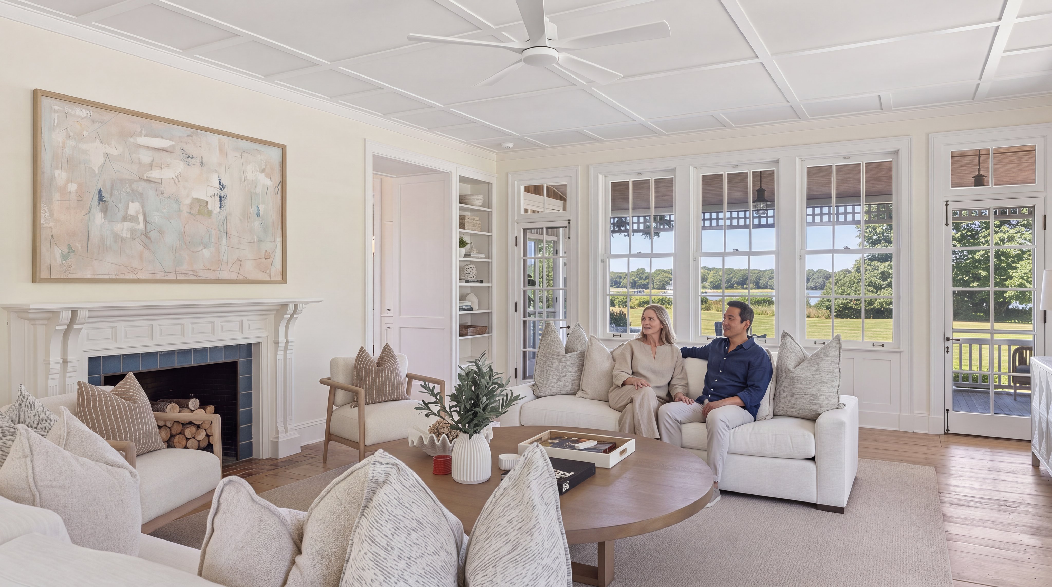 This bright and airy living room exudes a refined, coastal-inspired aesthetic with its neutral color palette, classic architectural millwork, and panelled ceiling. The space is anchored by a sophisticated fireplace, a large round wooden coffee table, and comfortable seating, all centered around an inviting seating area. Large window banks offer picturesque views of the outdoors, filling the room with abundant natural light and enhancing the tranquil, high-end atmosphere.