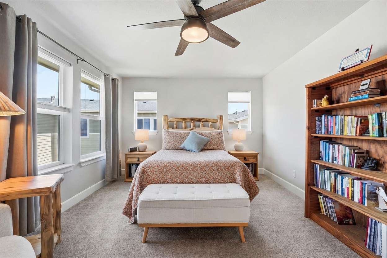 This cozy bedroom features a rustic wooden bed frame centered between two matching nightstands with lamps. A light-colored upholstered bench sits at the foot of the bed, while a large wooden bookshelf filled with books occupies the right side of the room. The space is illuminated by a ceiling fan and natural light streaming through two windows, creating a warm and inviting atmosphere.