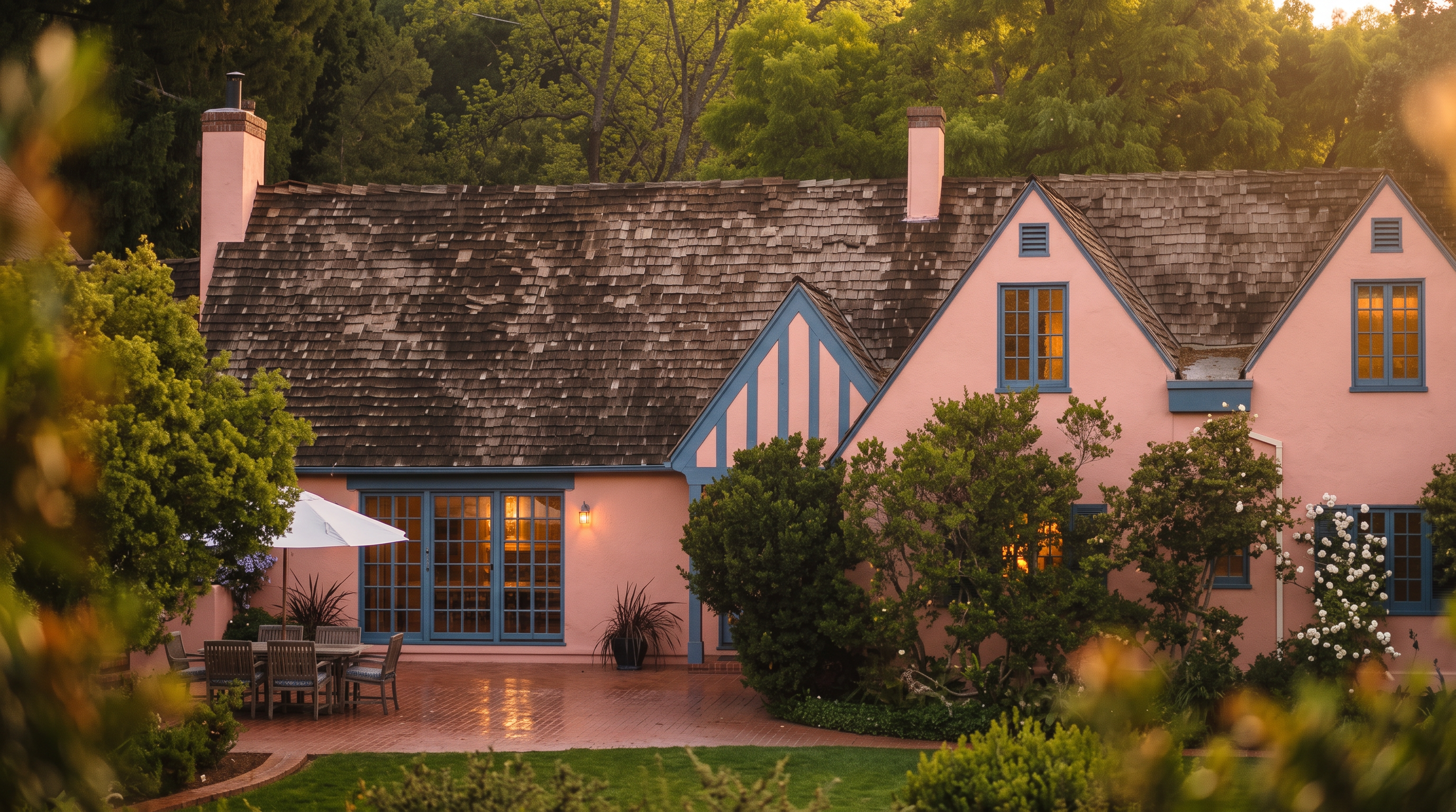 This aerial view captures a charming, pink-hued cottage-style home nestled within a lush, wooded landscape. The property features a multi-gabled roof, blue-trimmed windows, and a well-manicured lawn bordered by a curved brick retaining wall. A brick patio extends from the house, providing a seamless transition between the residence and the expansive, verdant grounds.
