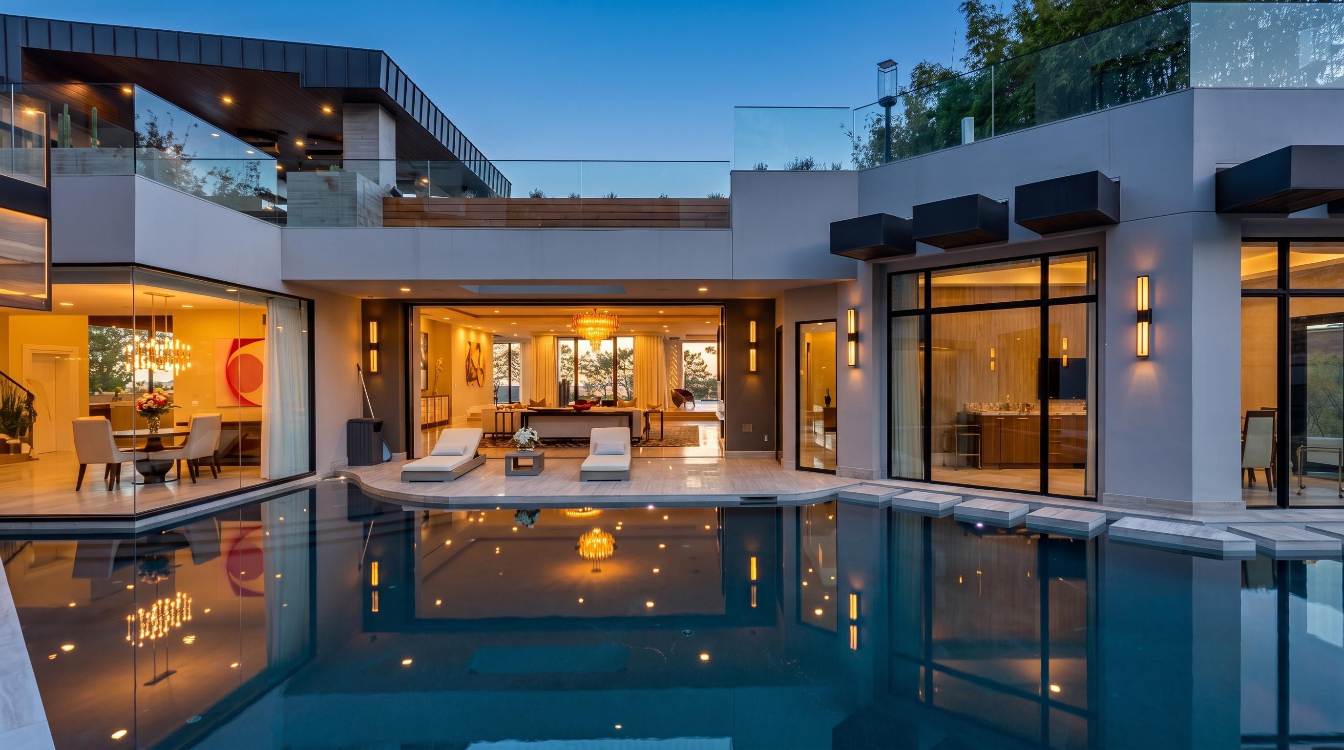 This luxurious modern residence features a sprawling infinity-edge pool that serves as the centerpiece of the outdoor living space. The home showcases expansive glass walls that blur the lines between indoor and outdoor living, with a covered patio area and a second-story terrace overlooking the water. The architectural style is sleek and contemporary, characterized by clean lines, neutral tones, and a seamless integration with the surrounding landscape.