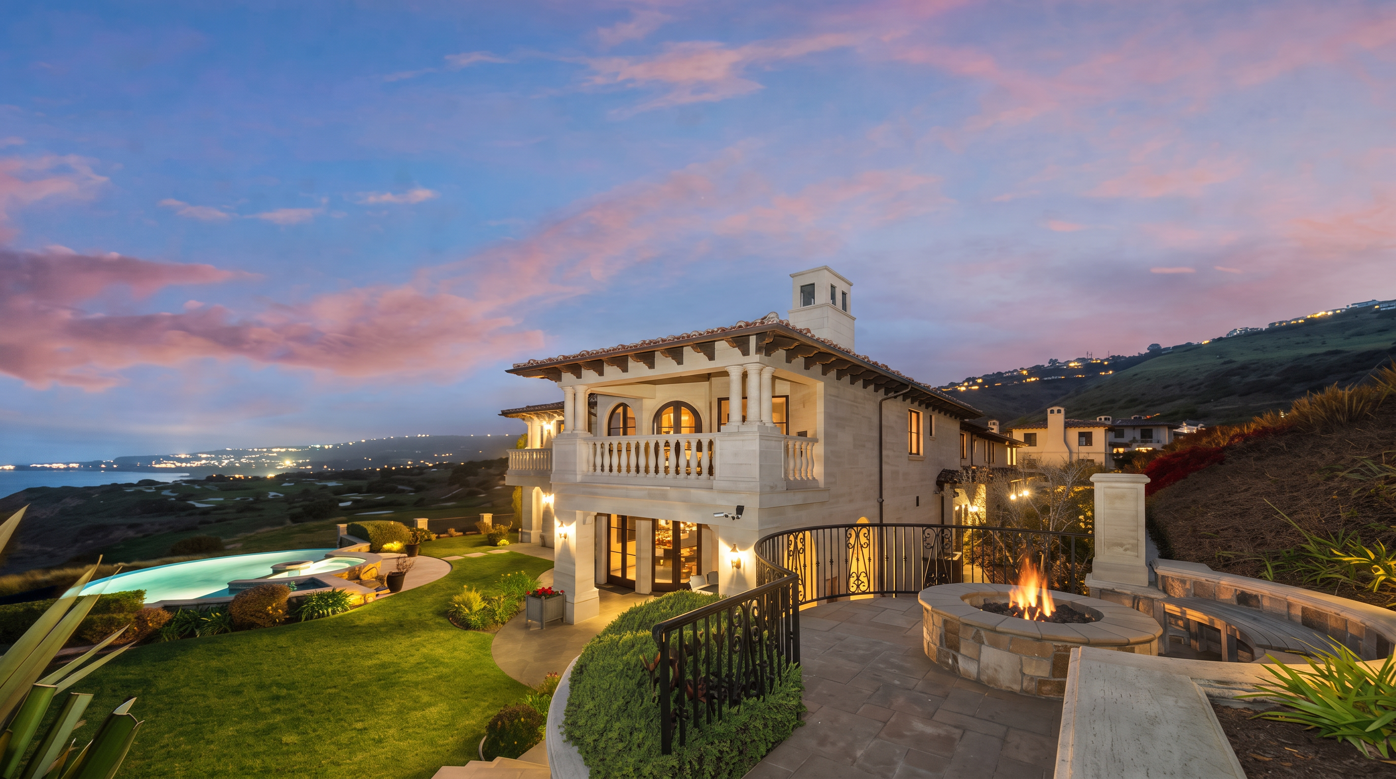 This stunning rear view of a luxury Mediterranean-style estate captures a multi-level home at twilight, overlooking a sprawling coastal landscape. The property features a curved stone patio with a built-in fire pit, a lush green lawn, and a sleek swimming pool that reflects the vibrant sunset sky. The architecture is defined by warm stone textures, arched detailing, and a balcony that provides panoramic views of the ocean and distant city lights.
