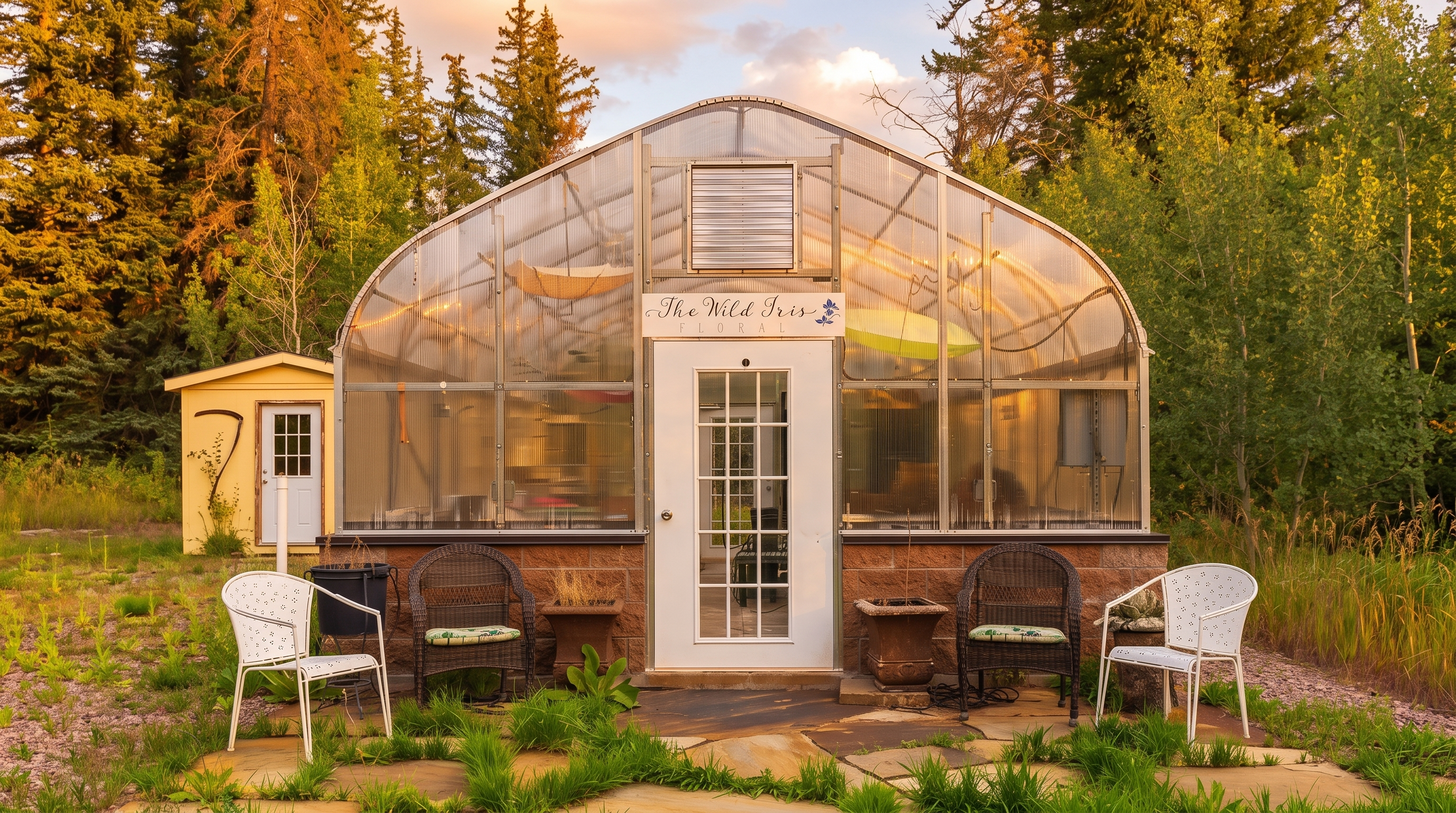 This image features a charming greenhouse labeled 'The Wild Iris Floral' with a curved, translucent roof and a central glass-paned door. The structure is set on a stone-clad base and is flanked by four outdoor chairs arranged on a flagstone patio, with a smaller yellow shed visible to the left. The scene is framed by lush green trees and natural landscaping, creating a serene and rustic garden atmosphere.