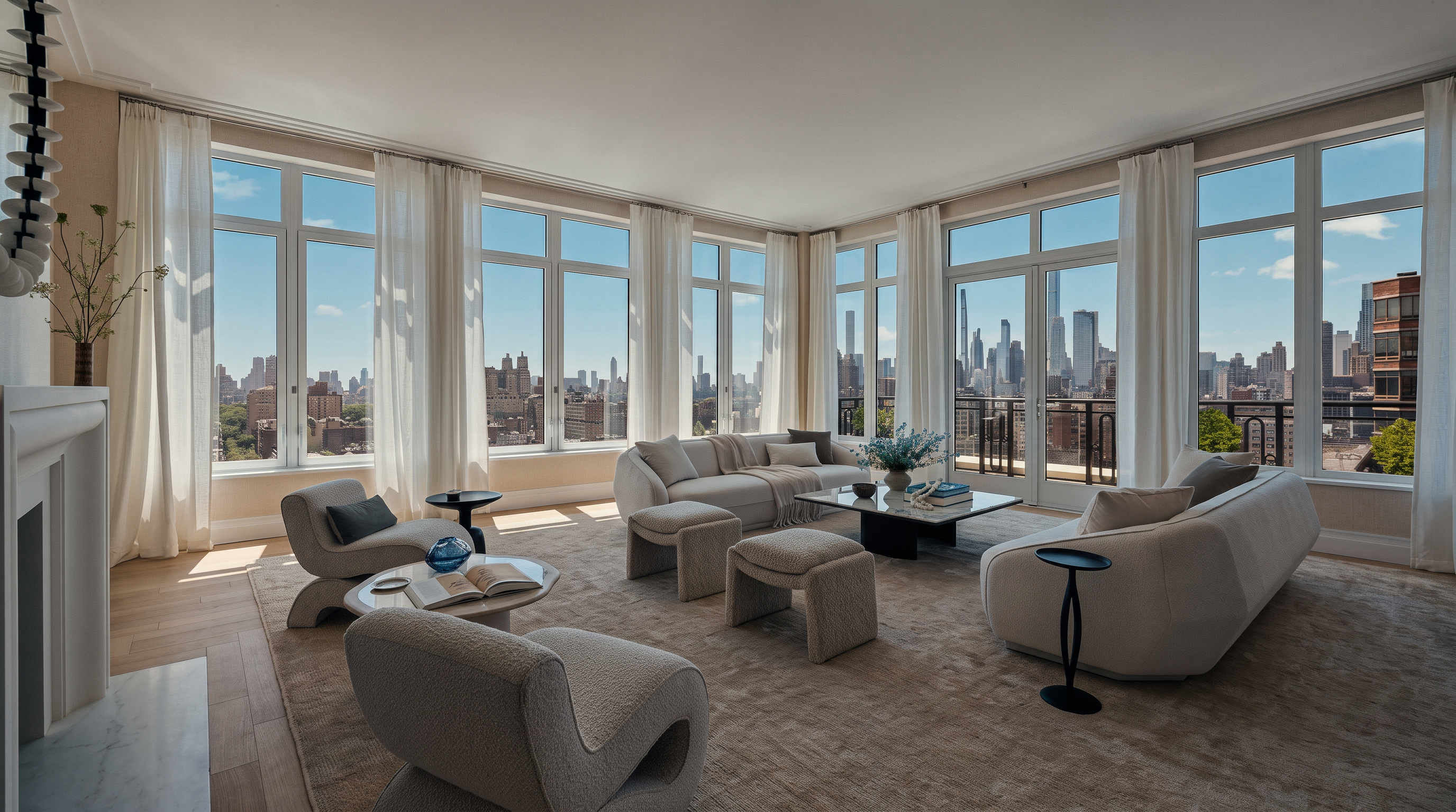 This expansive, light-filled living room features a sophisticated neutral color palette and a contemporary design aesthetic. The space is anchored by a large area rug and furnished with curved, sculptural seating, including two sofas and two accent chairs, centered around a low-profile coffee table. Large windows wrap around the room, offering panoramic city skyline views and flooding the interior with natural light, while a stone-clad fireplace surround adds a touch of elegance to the side wall.