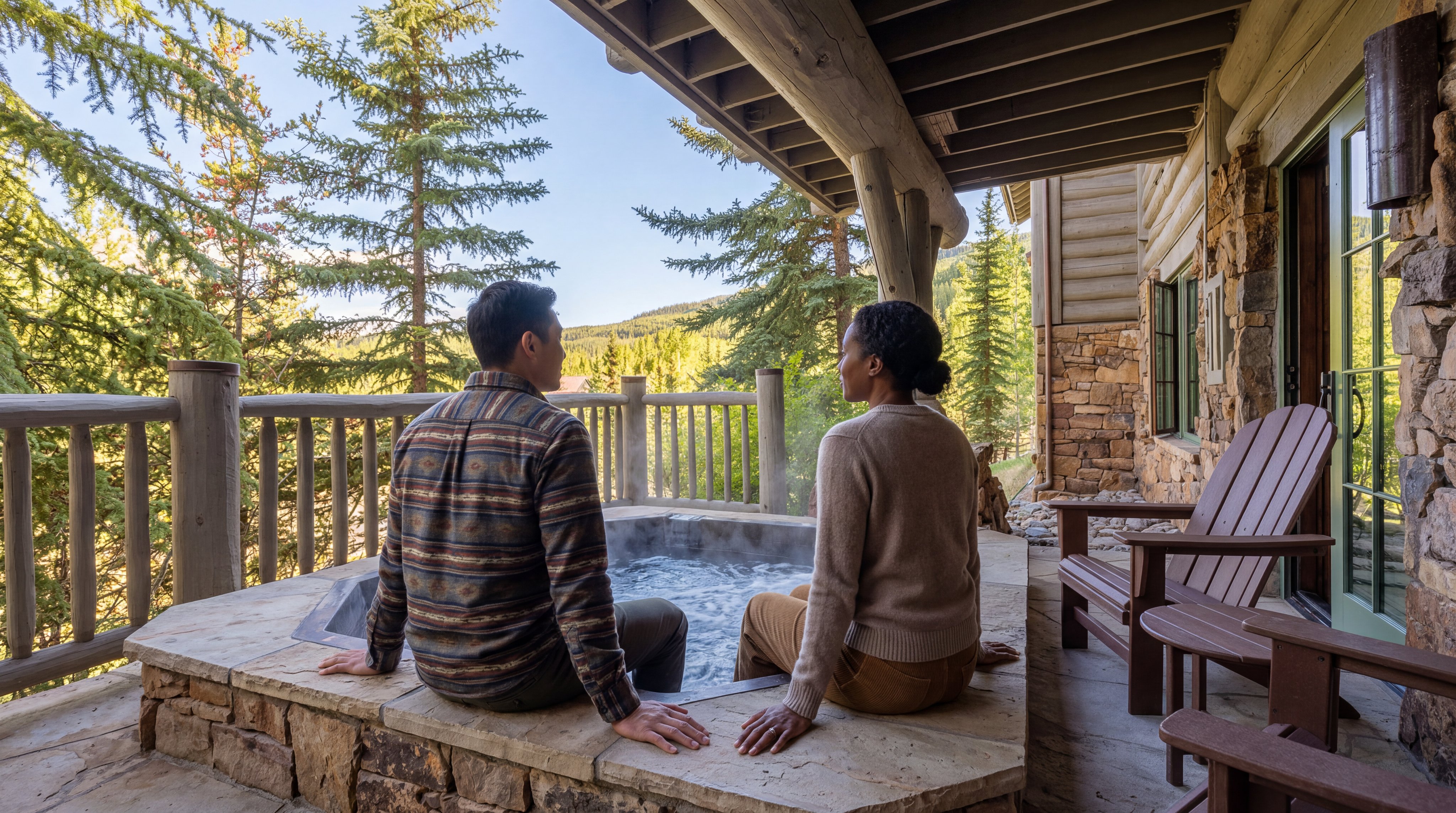 This scenic mountain deck features a stone-encased hot tub with steaming water, ideal for relaxation while taking in the surrounded forest views. The space is constructed with refined wood framing, sturdy stone masonry, and a rustic railing, and includes wooden Adirondack chairs for comfortable outdoor seating. It provides a luxurious and tranquil atmosphere typical of a high-end retreat property.