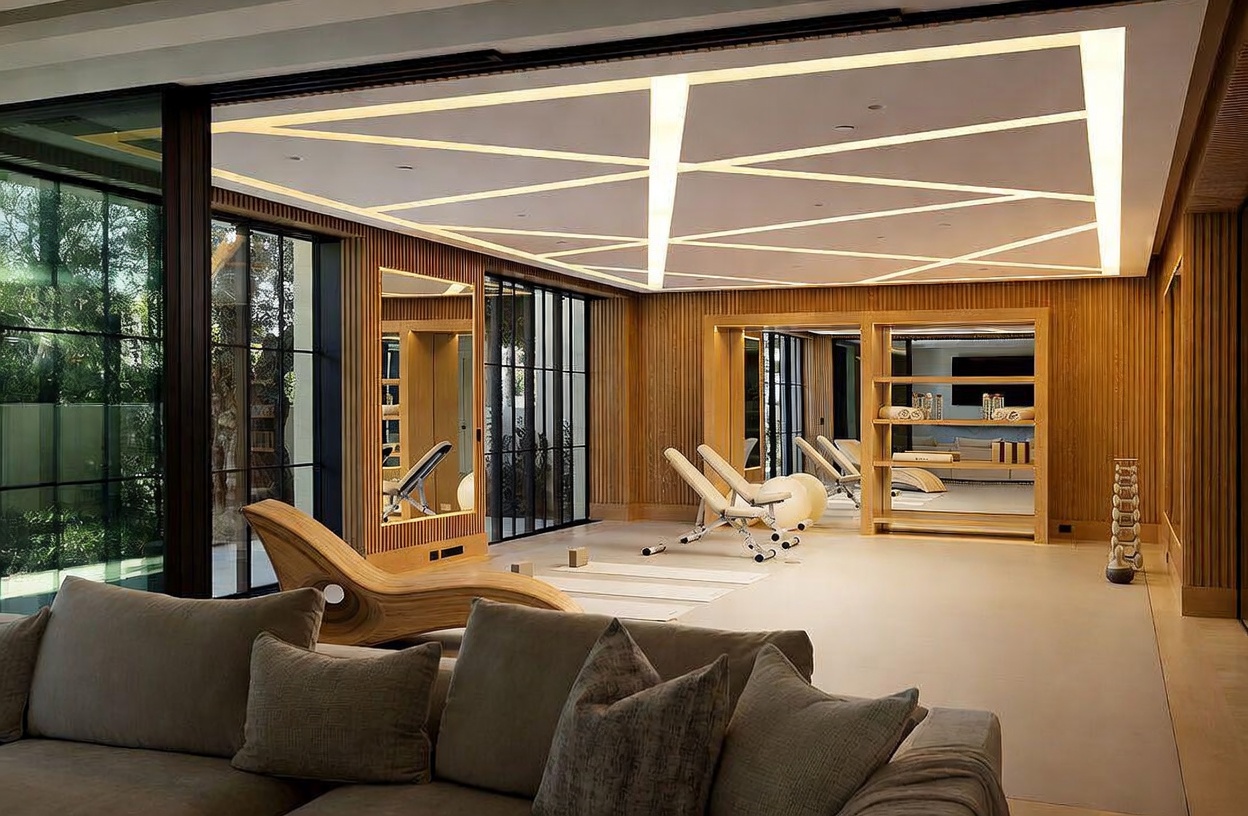 This sophisticated home gym features a unique geometric LED lighting pattern integrated into the ceiling, creating a modern and energetic atmosphere. The space is finished with warm wood-paneled walls, large mirrors that enhance the sense of depth, and a comfortable lounge area with a curved wooden chair in the foreground. Large windows provide a view of the exterior greenery, while the open layout includes professional-grade fitness equipment and a dedicated yoga area.